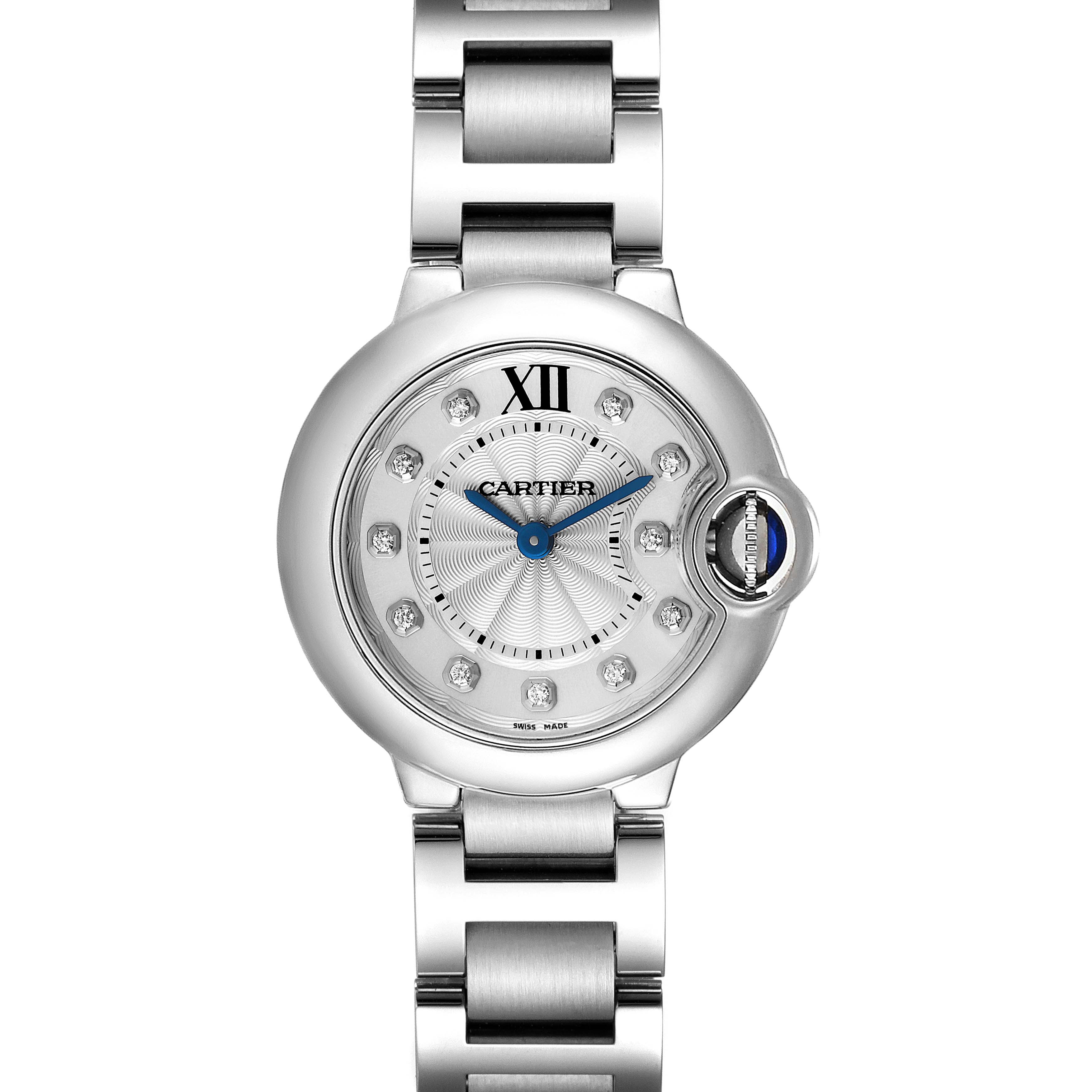 The image shows a front view of the Cartier Ballon Bleu WE902073 Women's Stainless Steel Silver Dial WE902073 Women's Stainless Steel Silver Dial watch, highlighting its dial, markers, hands, and bracelet.