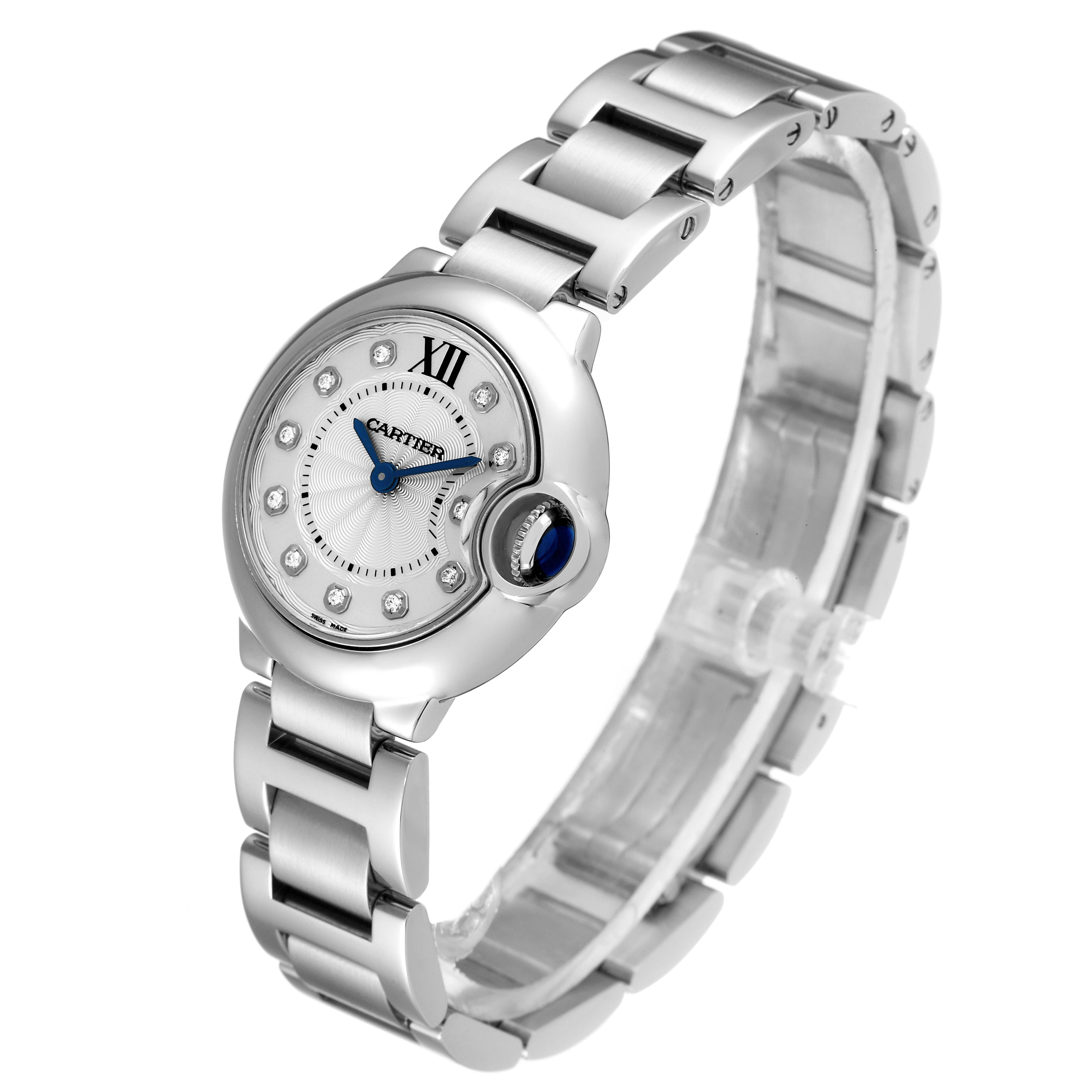 The image shows a Cartier Ballon Bleu WE902073 Women's Stainless Steel Silver Dial WE902073 Women's Stainless Steel Silver Dial watch displayed at a slight angle, showcasing its face, dial, bracelet, and crown.