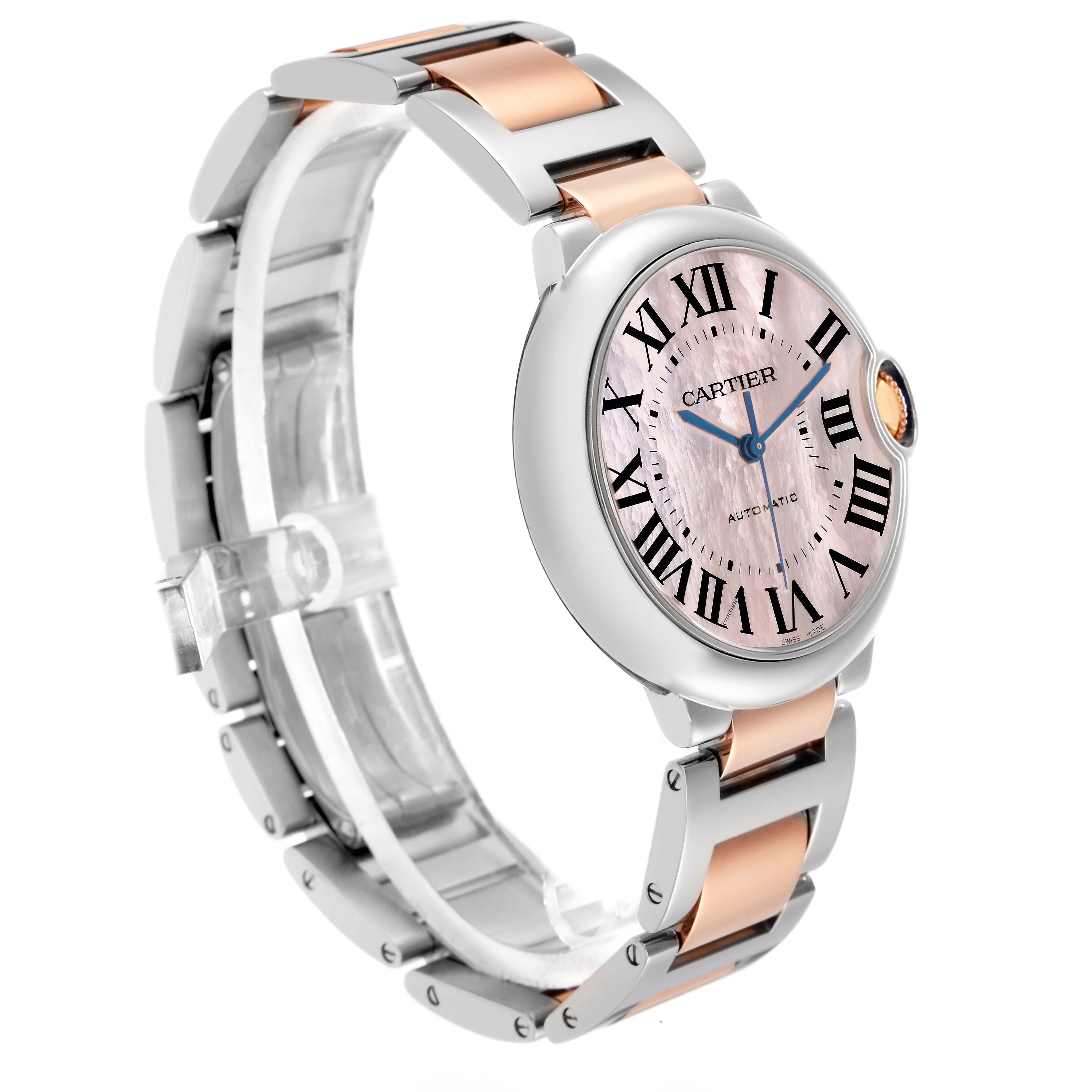 The Cartier Ballon Bleu W6920033 Women
s Steel and Gold (two tone) Mother of Pearl Dial watch is shown at a slight side angle, highlighting the face and two-tone bracelet.
