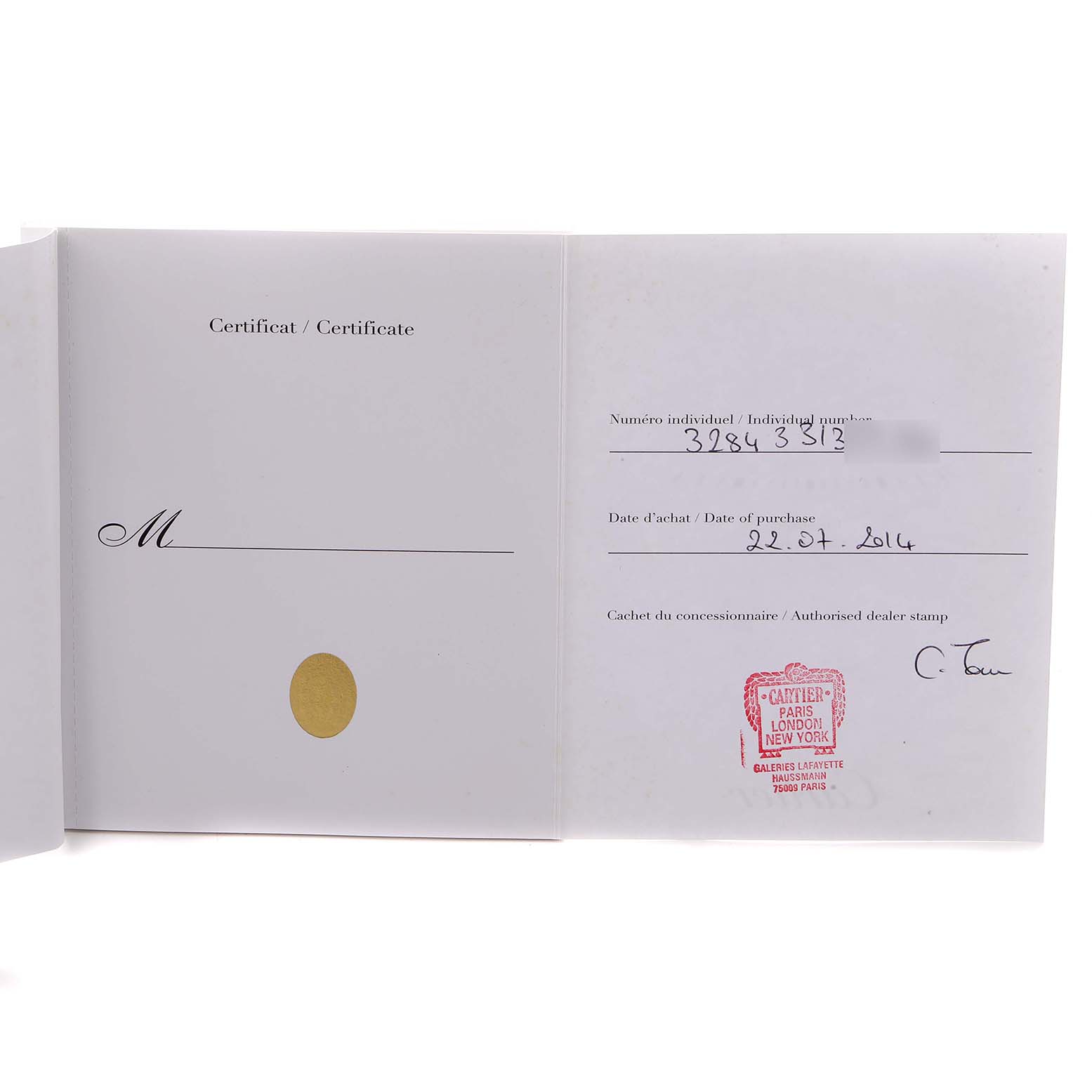 The image shows the certificate for a Cartier Ballon Bleu W6920033 Women
s Steel and Gold (two tone) Mother of Pearl Dial, displaying purchase details and an authorized dealer stamp.