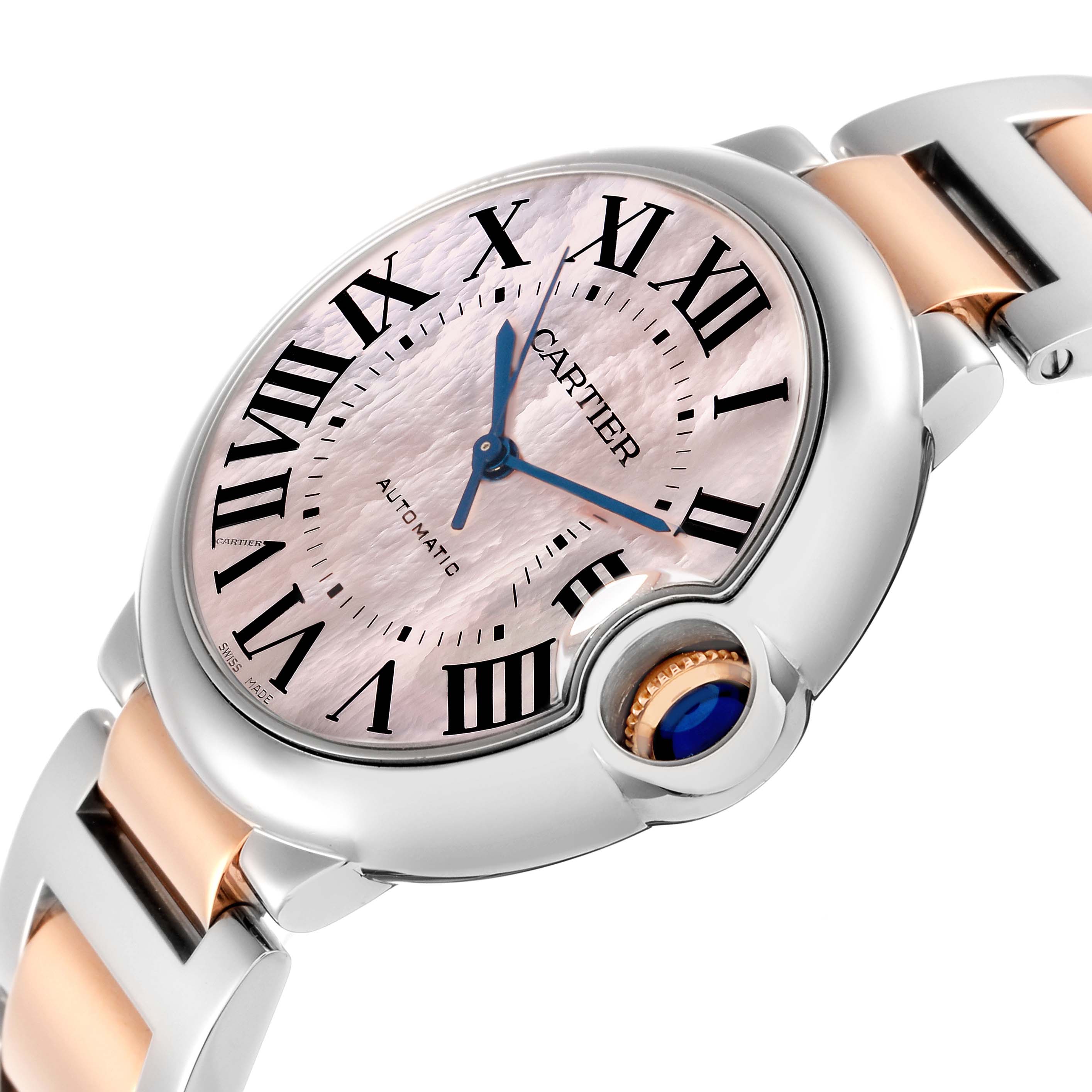 The Cartier Ballon Bleu W6920033 Women
s Steel and Gold (two tone) Mother of Pearl Dial watch is shown at a slight angle, highlighting its pink dial, Roman numerals, and signature blue cabochon crown.