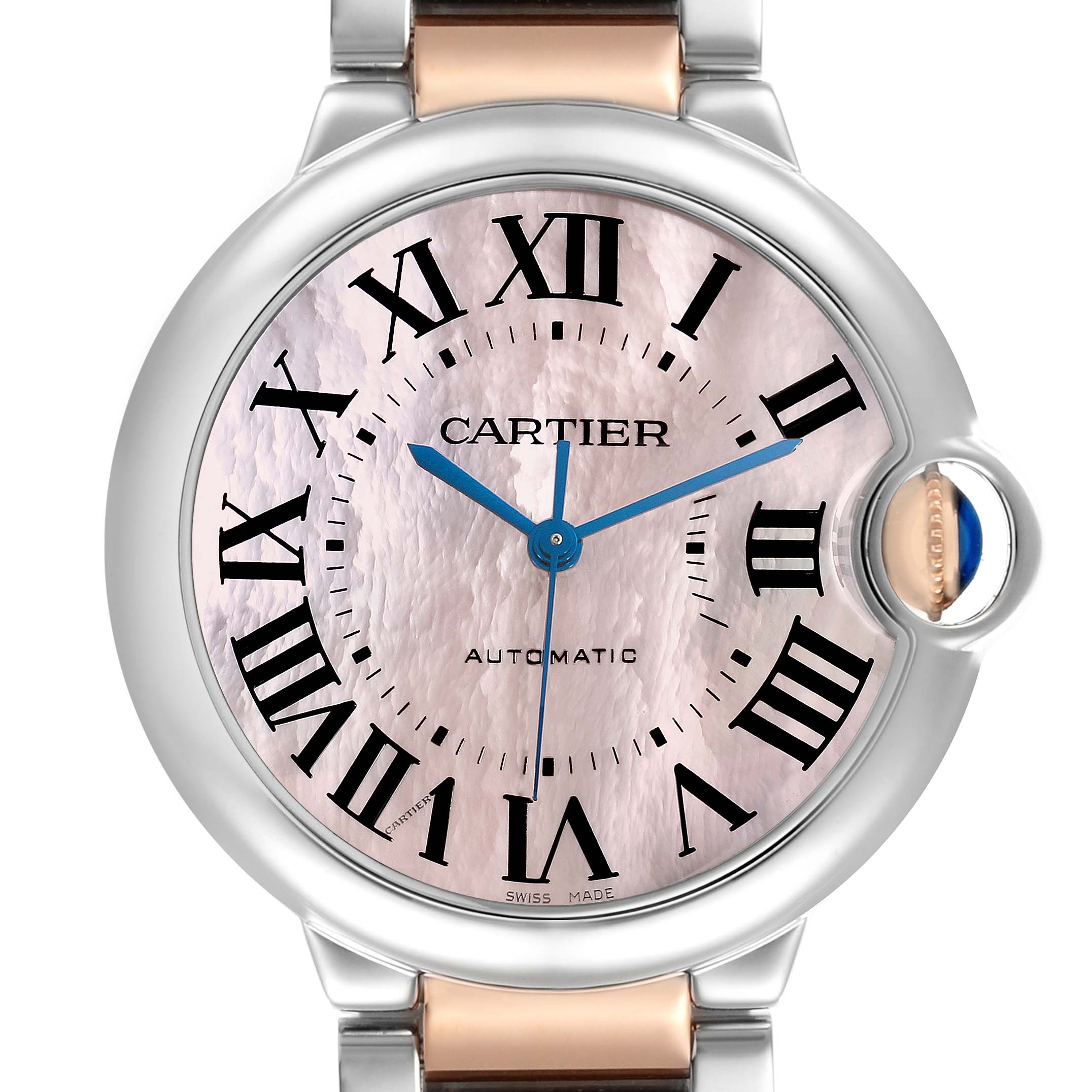 The image shows a close-up, front view of a Cartier Ballon Bleu W6920033 Women
s Steel and Gold (two tone) Mother of Pearl Dial watch, highlighting the dial, hands, and part of the case.