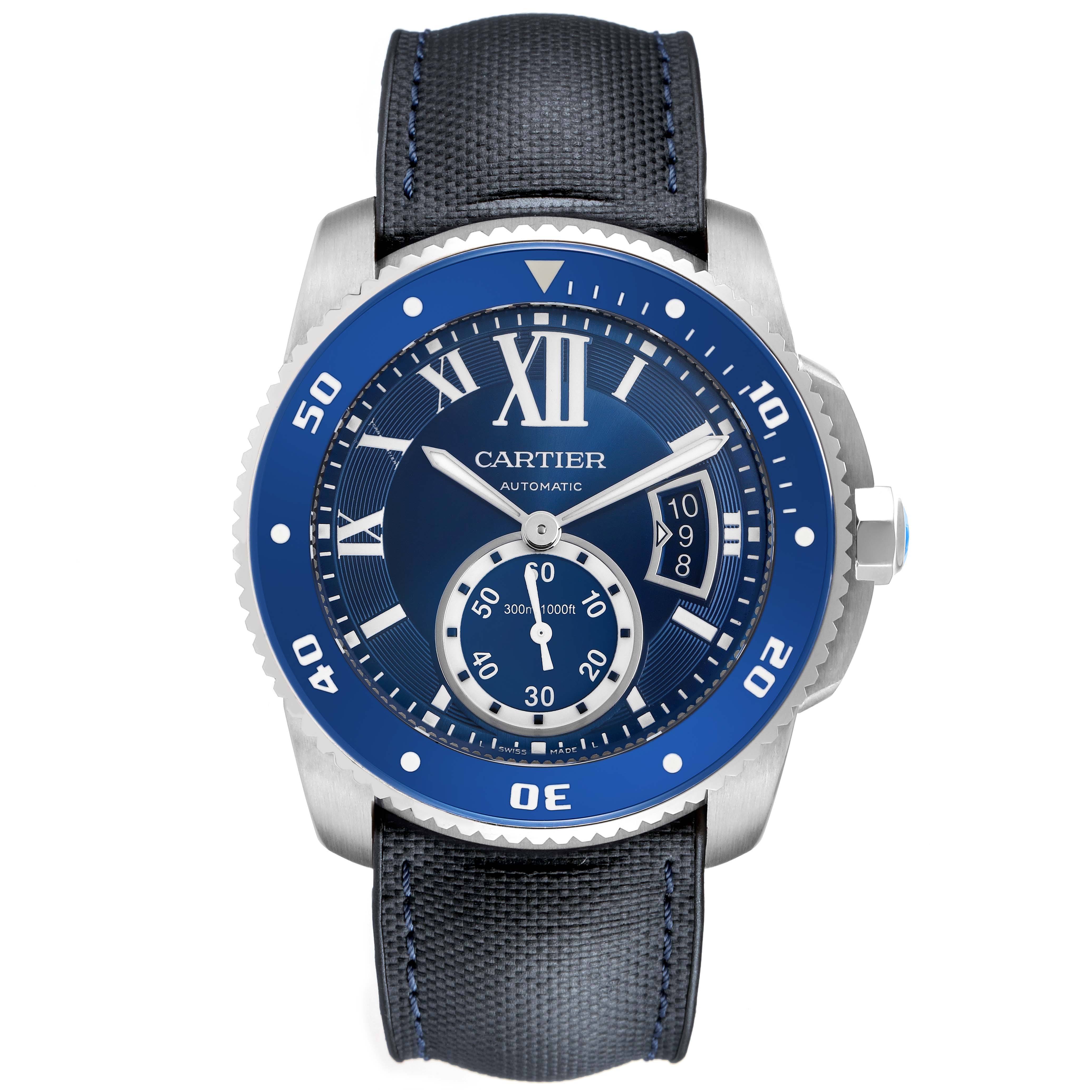 The image shows a front view of the Calibre de Cartier watch by Cartier, featuring a blue dial, bezel, and black strap.