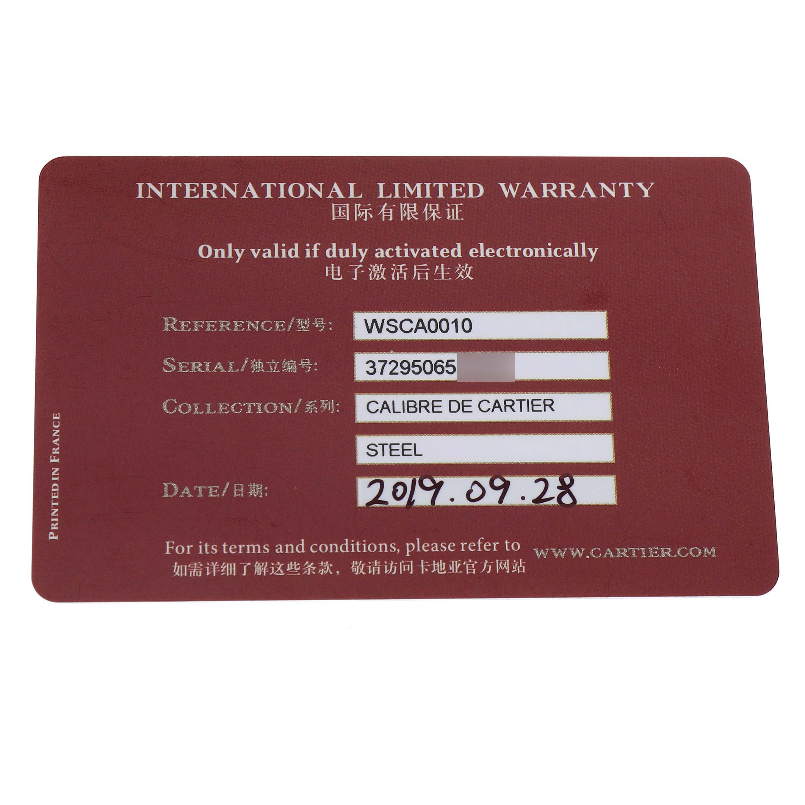 The image shows an International Limited Warranty card for a Calibre de Cartier watch by Cartier.