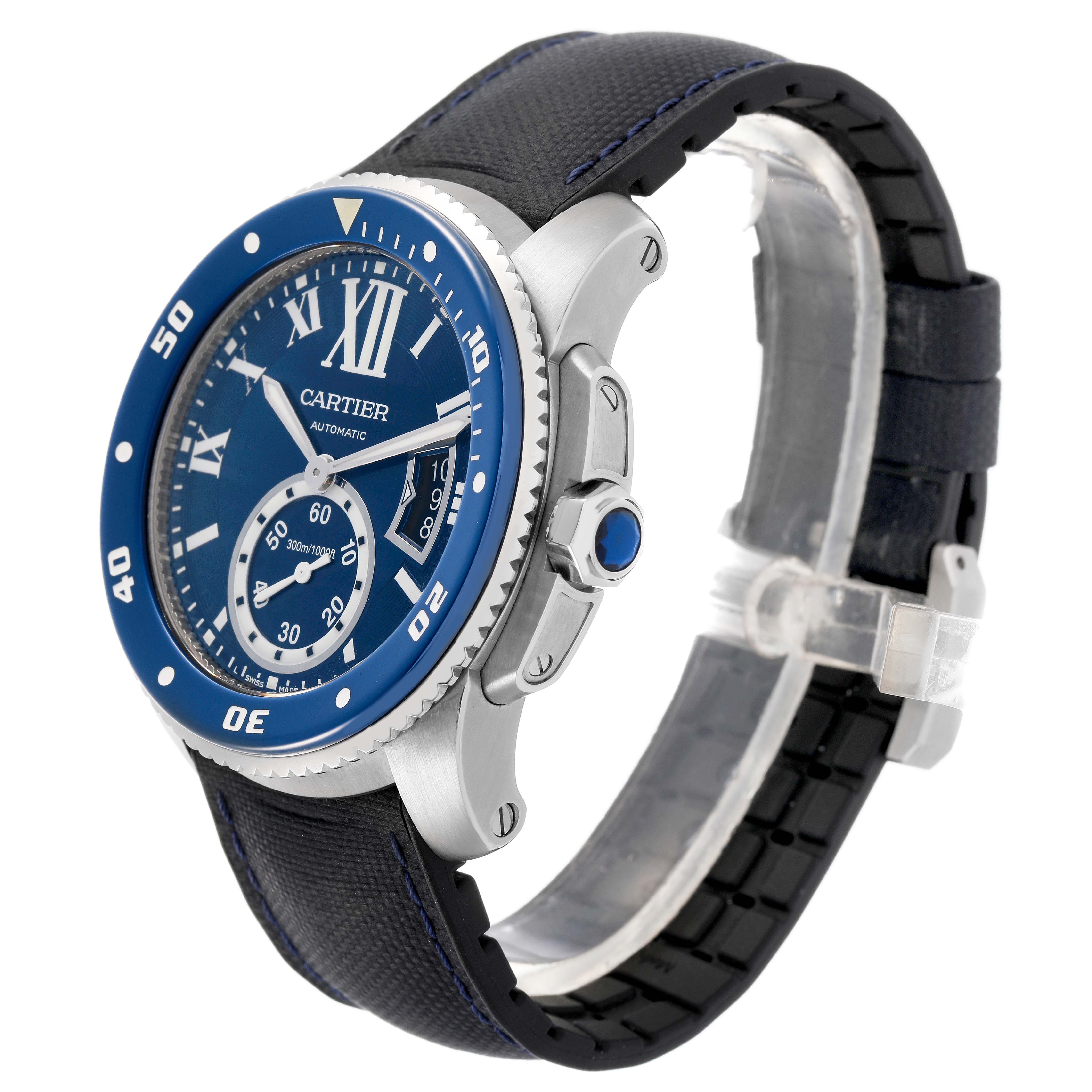 The Calibre de Cartier watch is shown at a three-quarter angle, displaying the dial, bezel, crown, and strap.