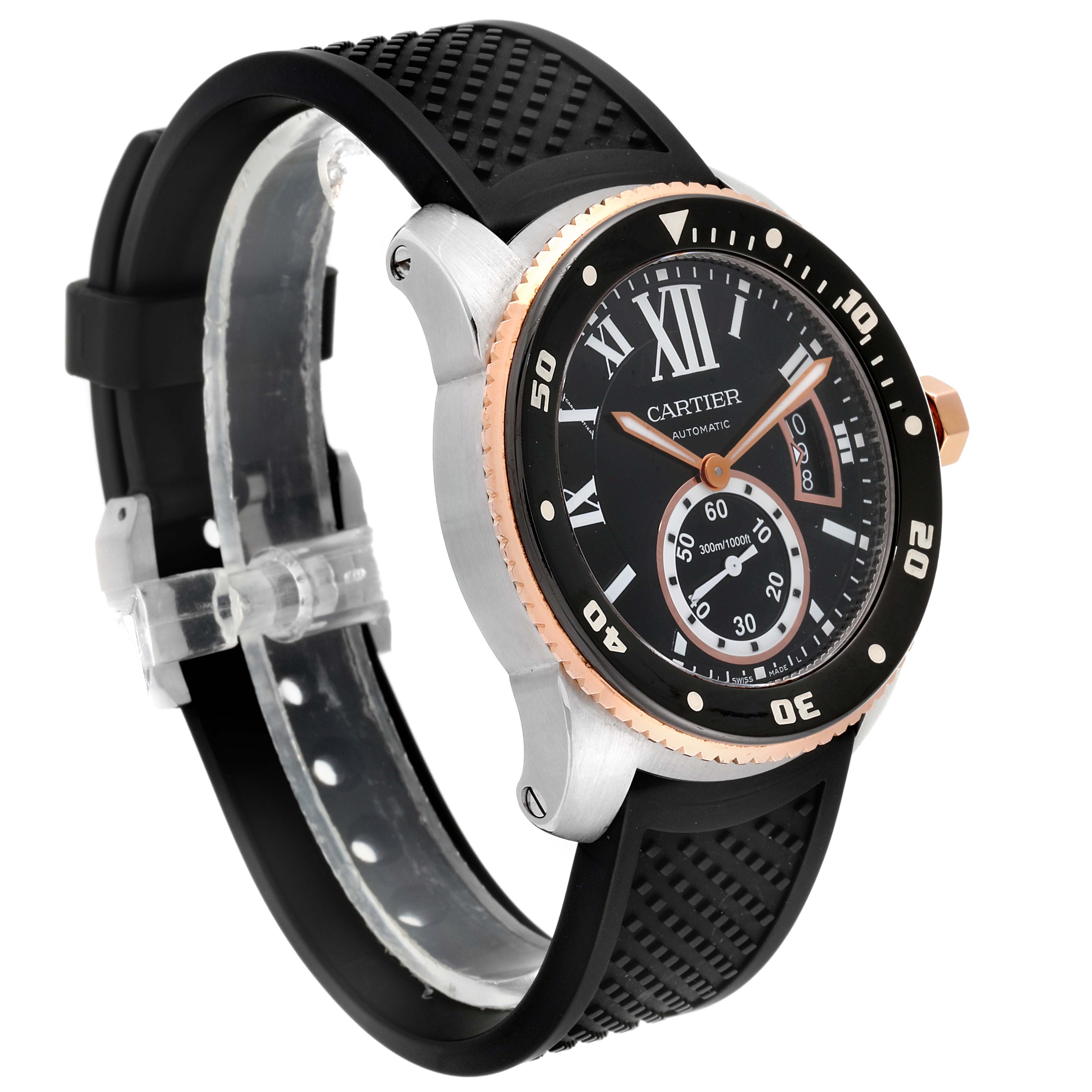 The image shows a side and front angle of a Calibre de Cartier watch by Cartier, highlighting the dial, bezel, and strap.