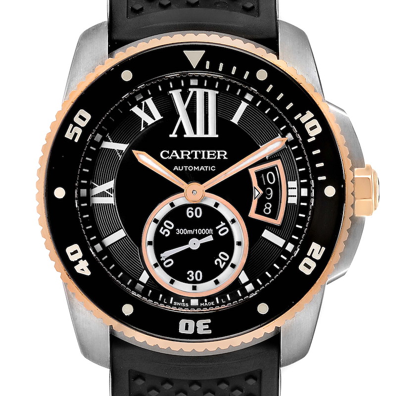 Cartier Calibre Diver Steel Rose Gold Rubber Watch W7100055 Box Papers SwissWatchExpo