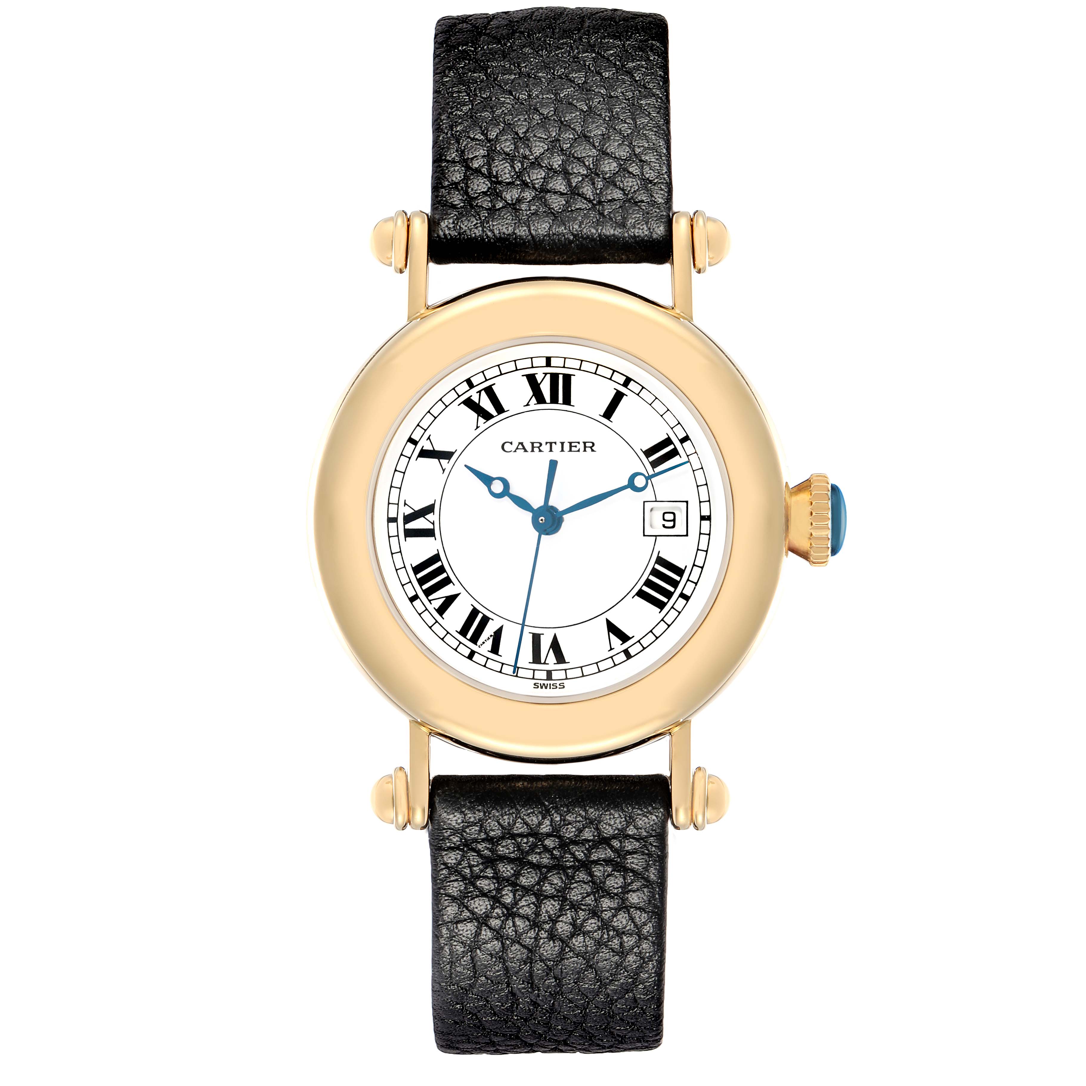 The Cartier Diabolo W1507651 Women
s Yellow Gold White Dial watch is shown from a front view, highlighting the dial, hands, strap, and crown.