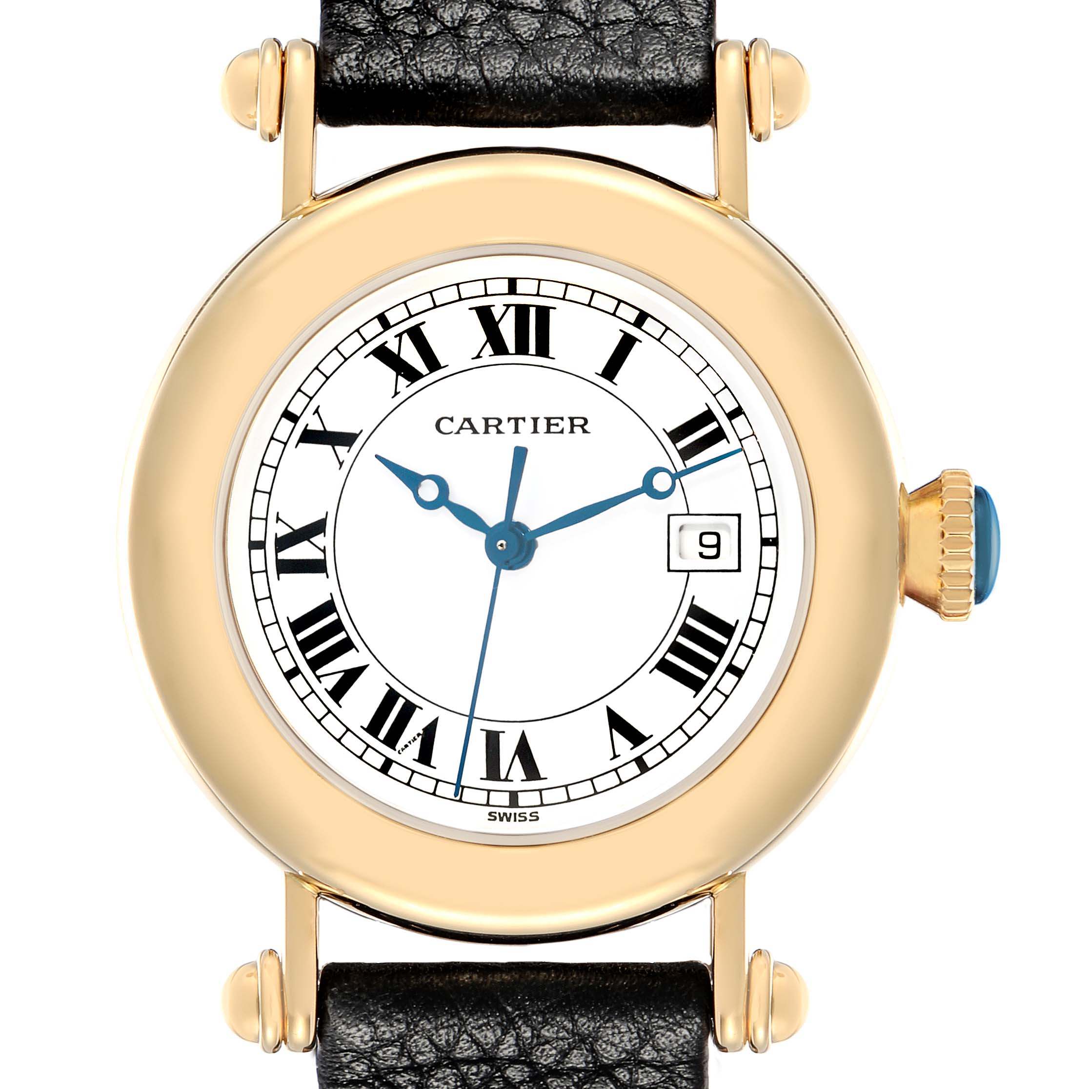 The Cartier Diabolo W1507651 Women
s Yellow Gold White Dial watch is shown from a front angle, displaying the dial, bezel, crown, and strap attachments.