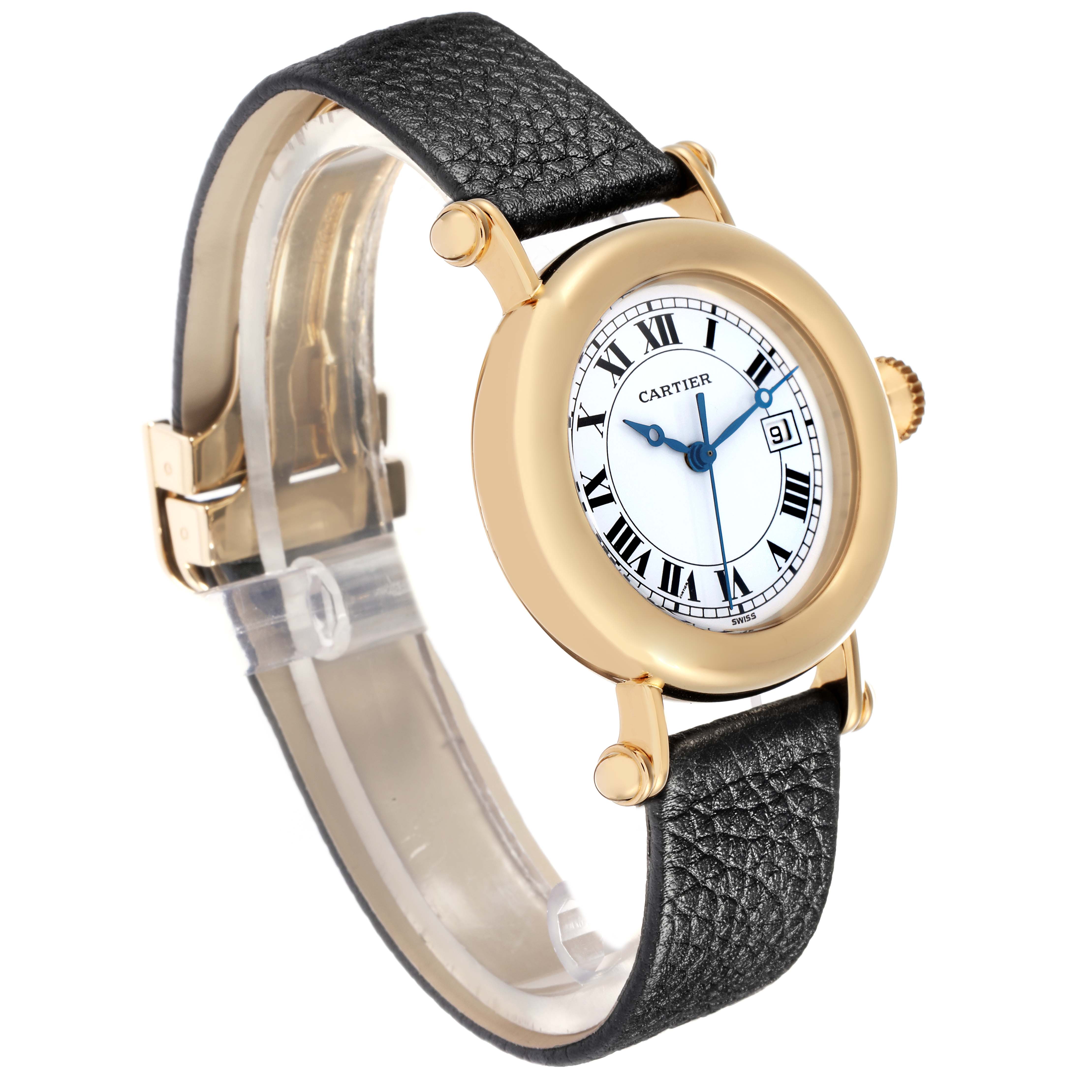 The Cartier Diabolo W1507651 Women
s Yellow Gold White Dial watch is shown at an angled side view, displaying its face, bezel, crown, and leather strap.
