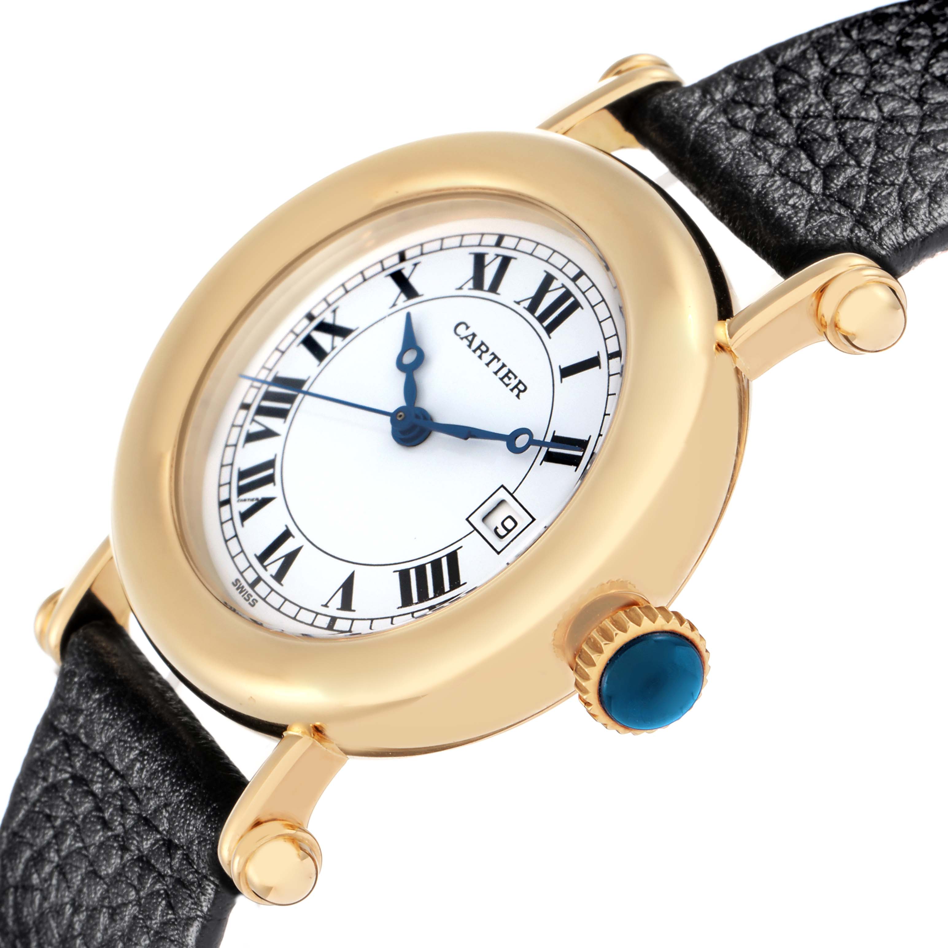 The Cartier Diabolo W1507651 Women
s Yellow Gold White Dial watch is shown at an angled view, highlighting the gold case, Roman numeral dial, blue hands, and crown with a blue cabochon.