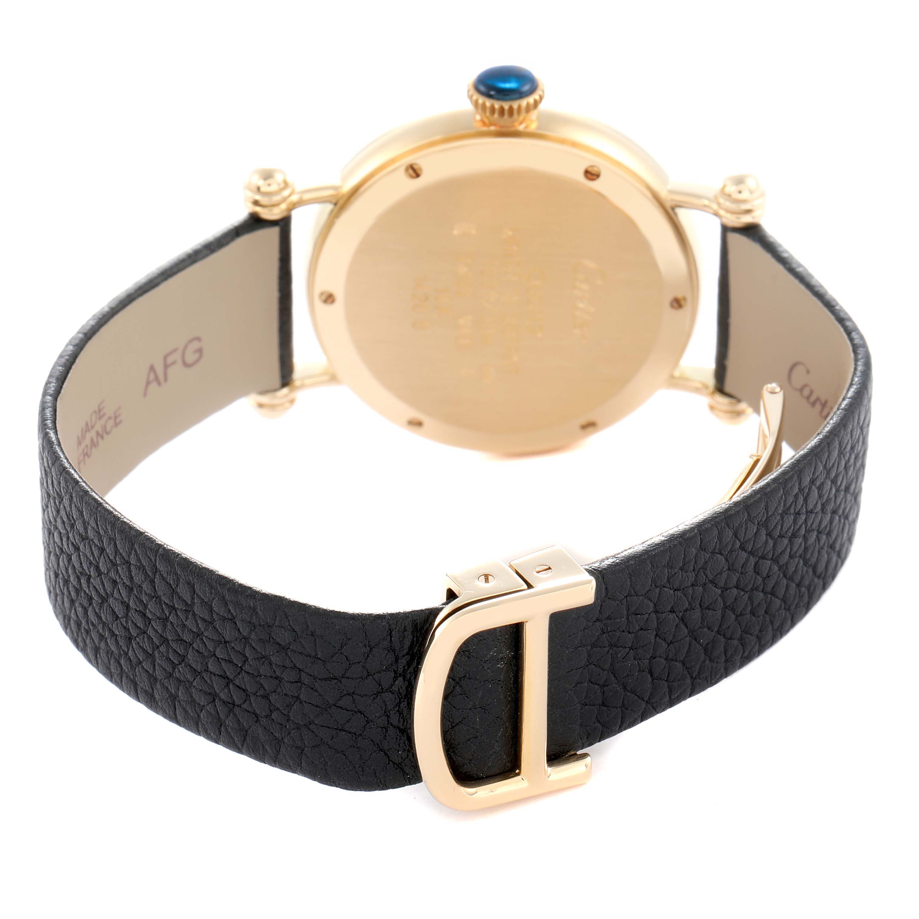 The image shows the back of the Cartier Diabolo W1507651 Women
s Yellow Gold White Dial watch, highlighting the gold case, blue crown, and black leather strap with a clasp.