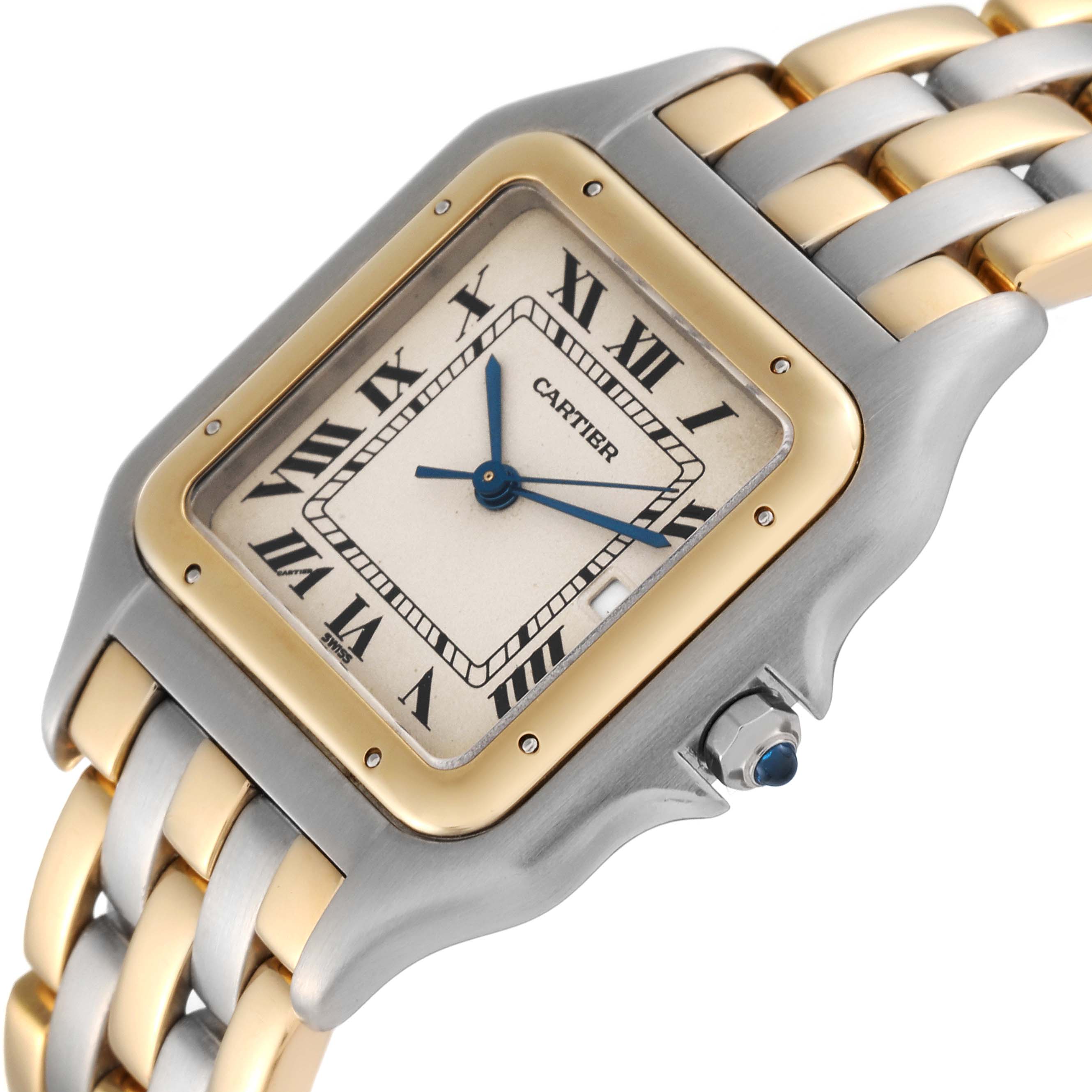 The image shows a close-up of the Cartier Panthere 30834 Men's Steel and Gold (two tone) Beige Dial 30834 Men's Steel and Gold (two tone) Beige Dial watch face, bezel, and part of the two-tone bracelet.