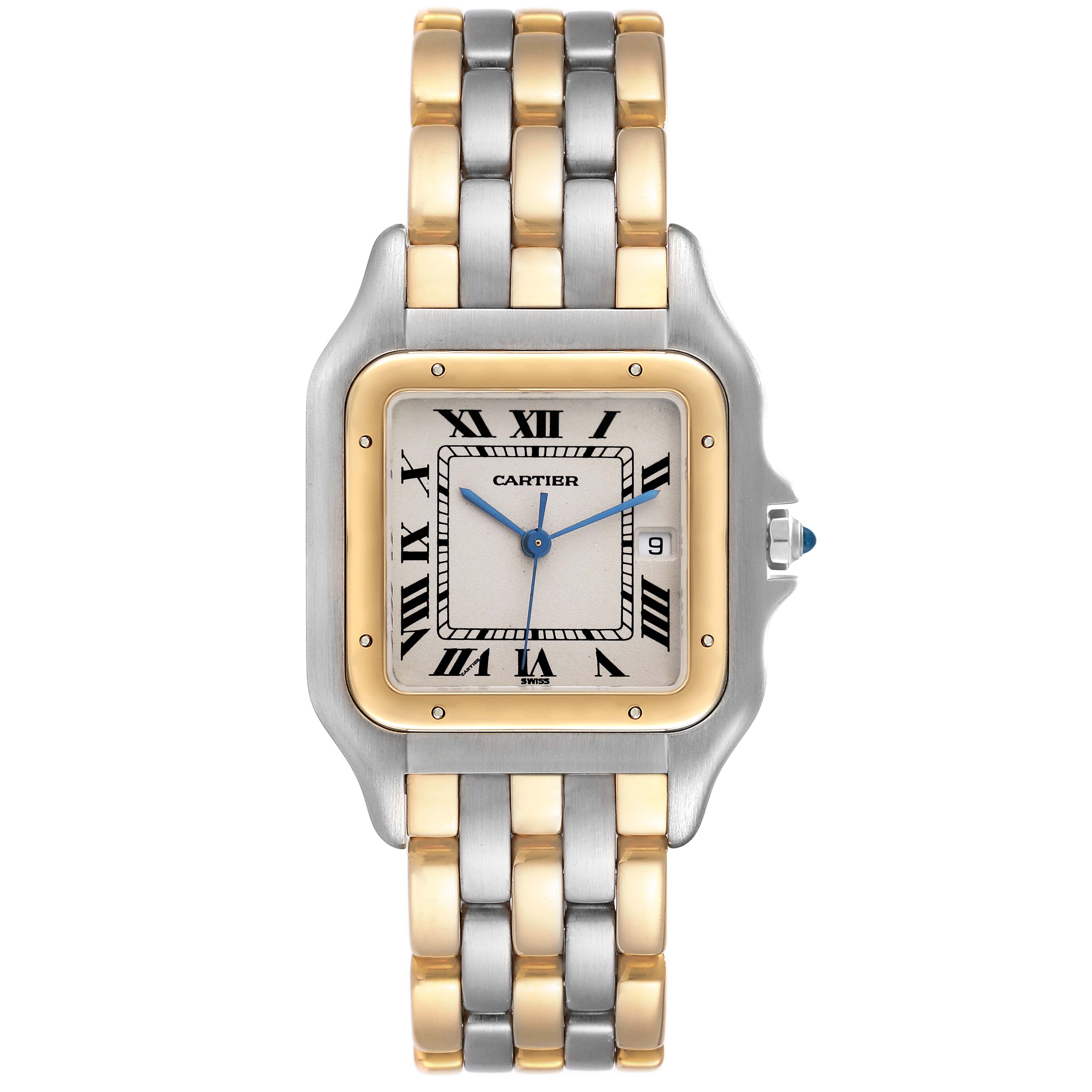 The Cartier Panthere 30834 Men's Steel and Gold (two tone) Beige Dial 30834 Men's Steel and Gold (two tone) Beige Dial watch is shown from a front angle, displaying the face, bezel, and bracelet.