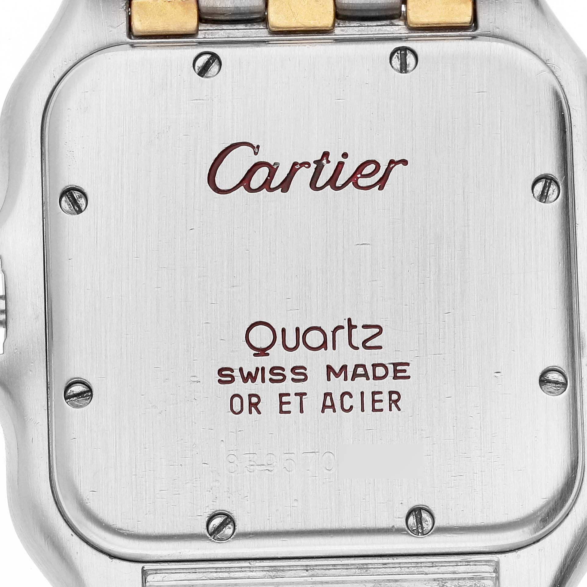 The image shows the back case of a Panthere de Cartier watch, focusing on the brand inscription and other markings.