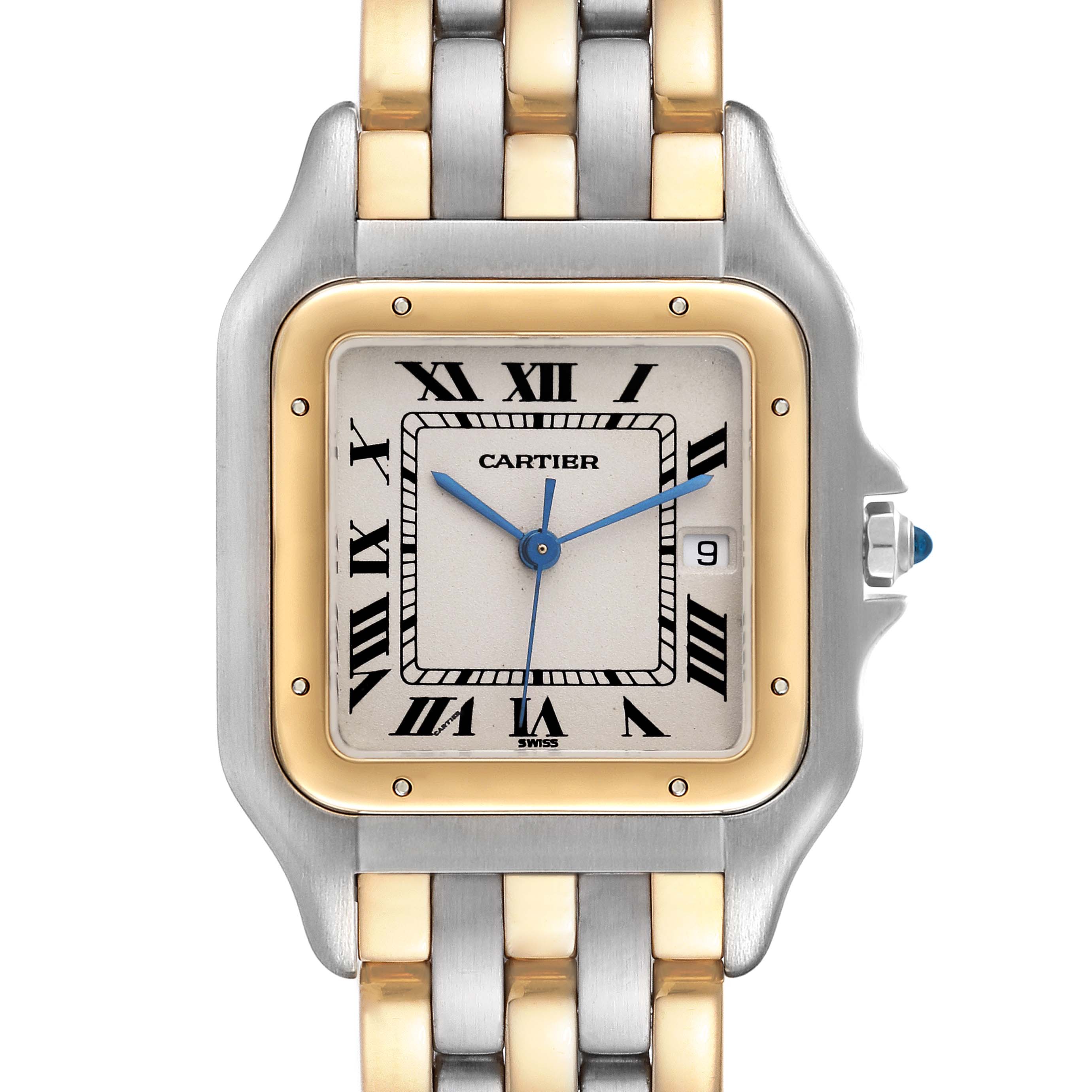 This image shows a frontal view of the Cartier Panthere 30834 Men's Steel and Gold (two tone) Beige Dial 30834 Men's Steel and Gold (two tone) Beige Dial watch, highlighting its dial, bezel, and part of the bracelet.