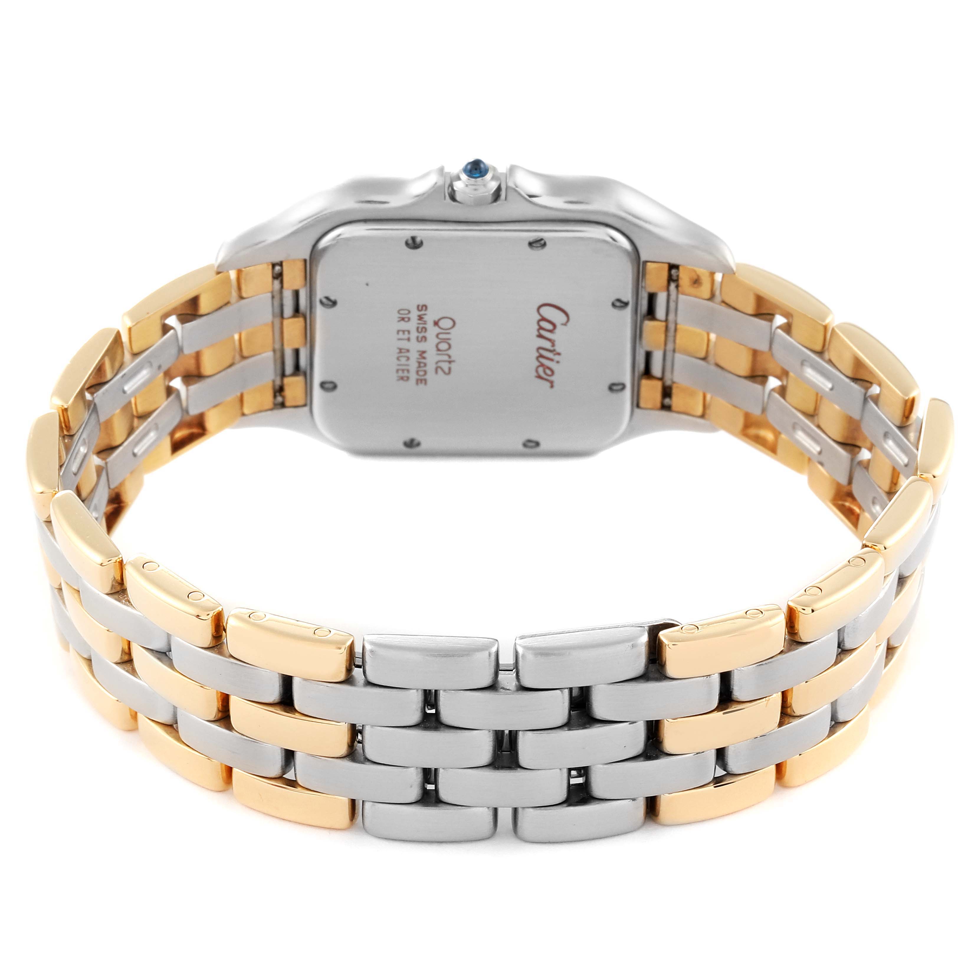 The image shows the back case and two-tone bracelet of the Cartier Panthere 30834 Men's Steel and Gold (two tone) Beige Dial 30834 Men's Steel and Gold (two tone) Beige Dial watch at a slight rear angle.
