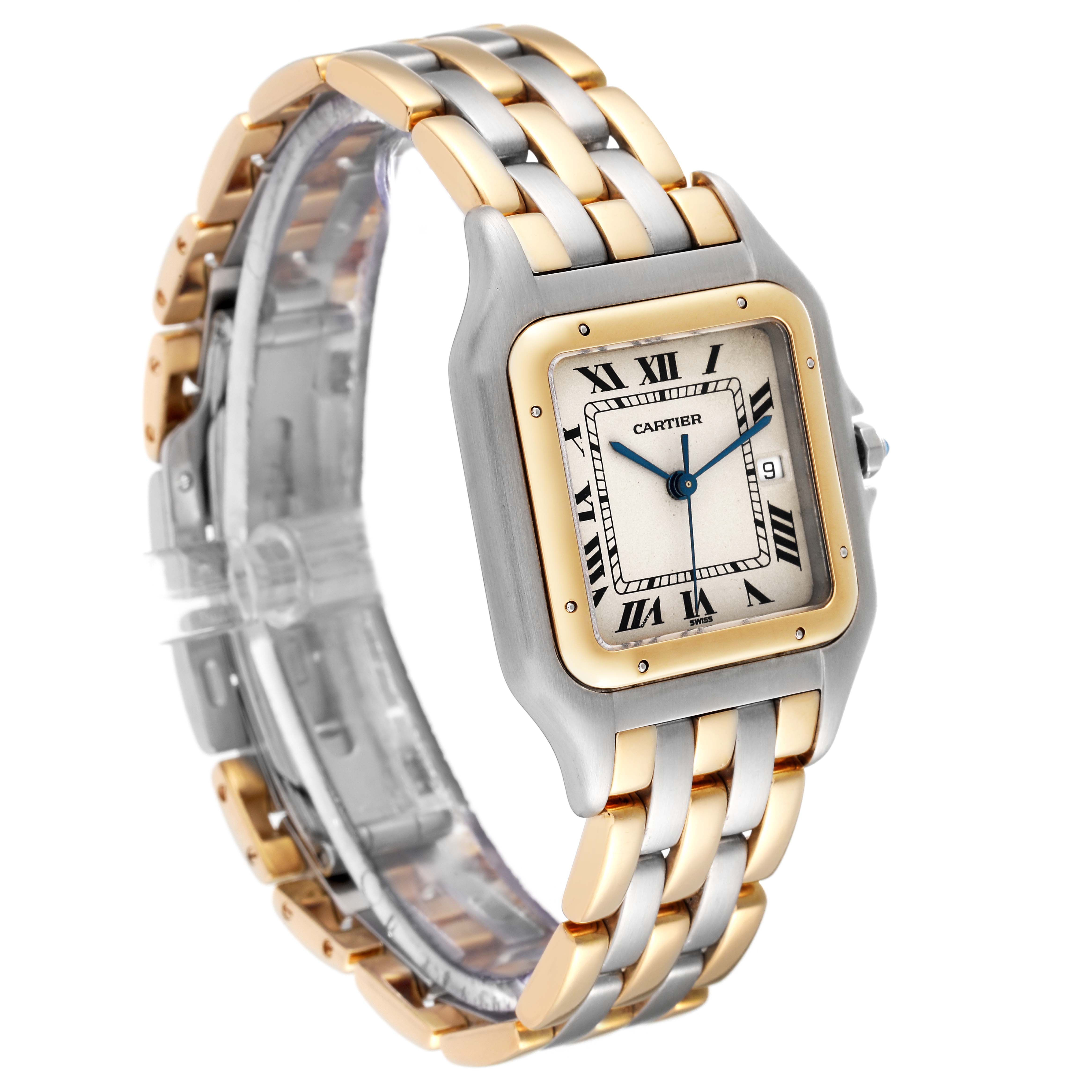 The image shows a Cartier Panthère watch from an angled side view, highlighting its dial, bezel, and two-tone bracelet.