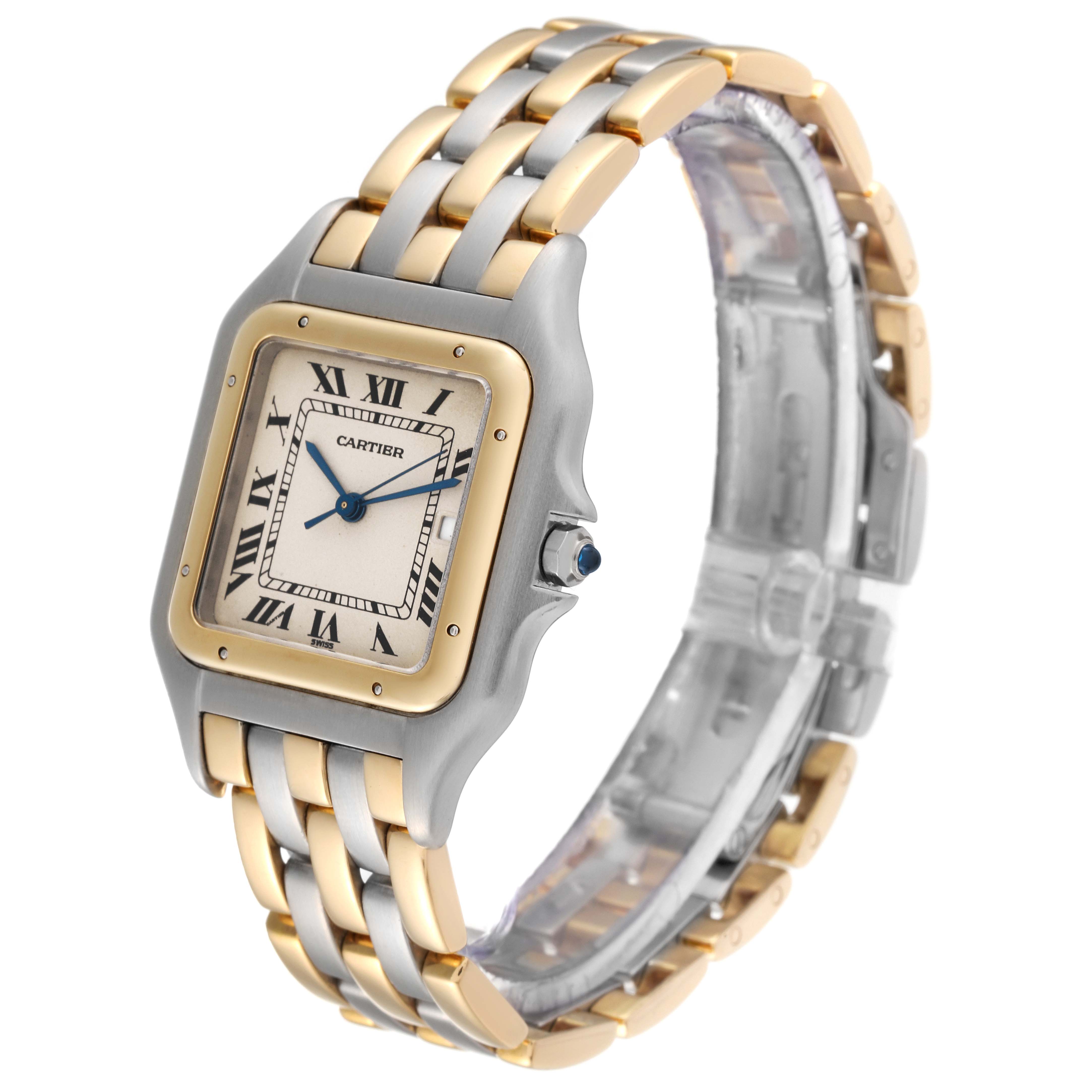 The image shows a Cartier Panthere 30834 Men's Steel and Gold (two tone) Beige Dial 30834 Men's Steel and Gold (two tone) Beige Dial watch at an angle highlighting its face, bezel, bracelet, and crown.