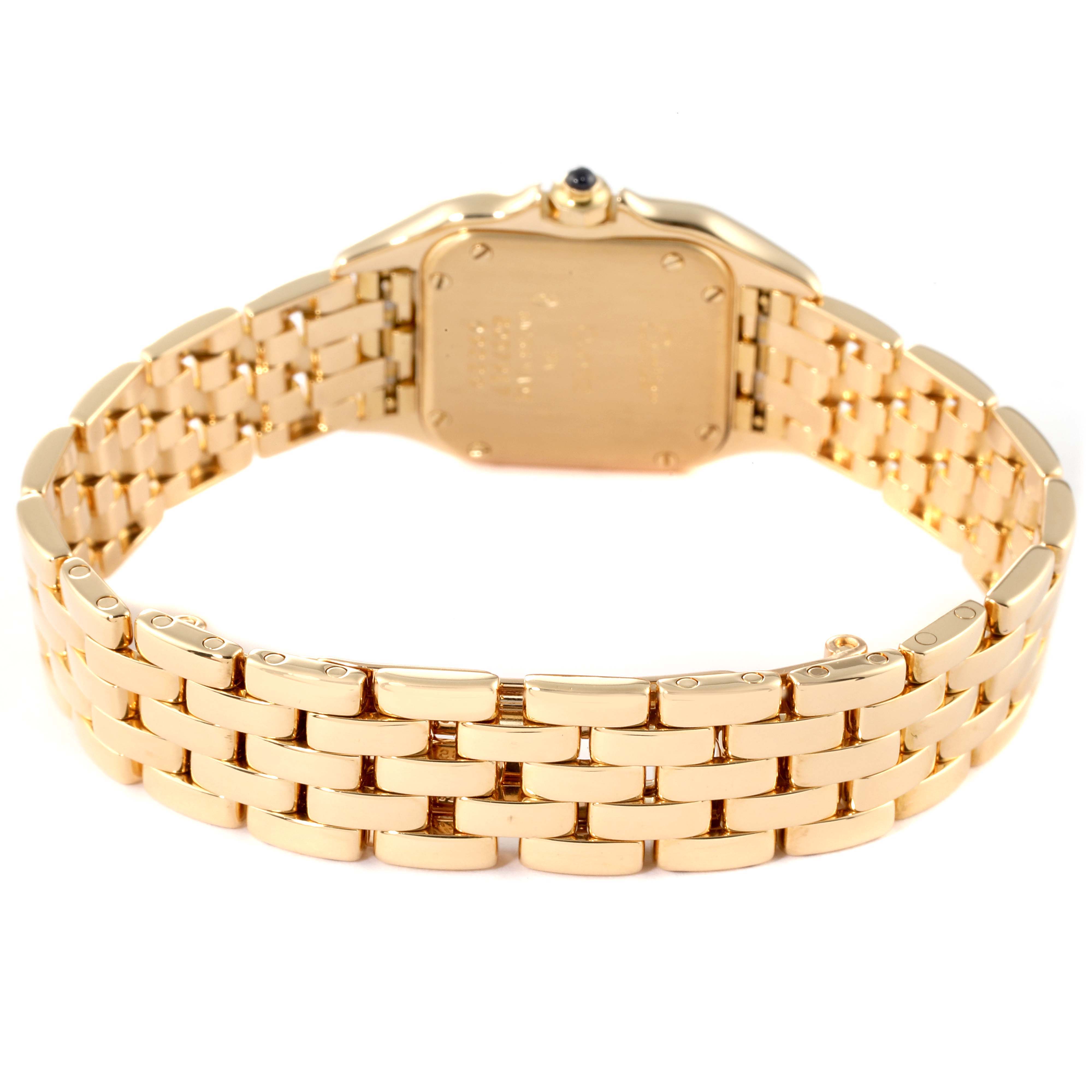 The image shows the back view of the Panthere watch by Cartier, highlighting its gold bracelet and case back.