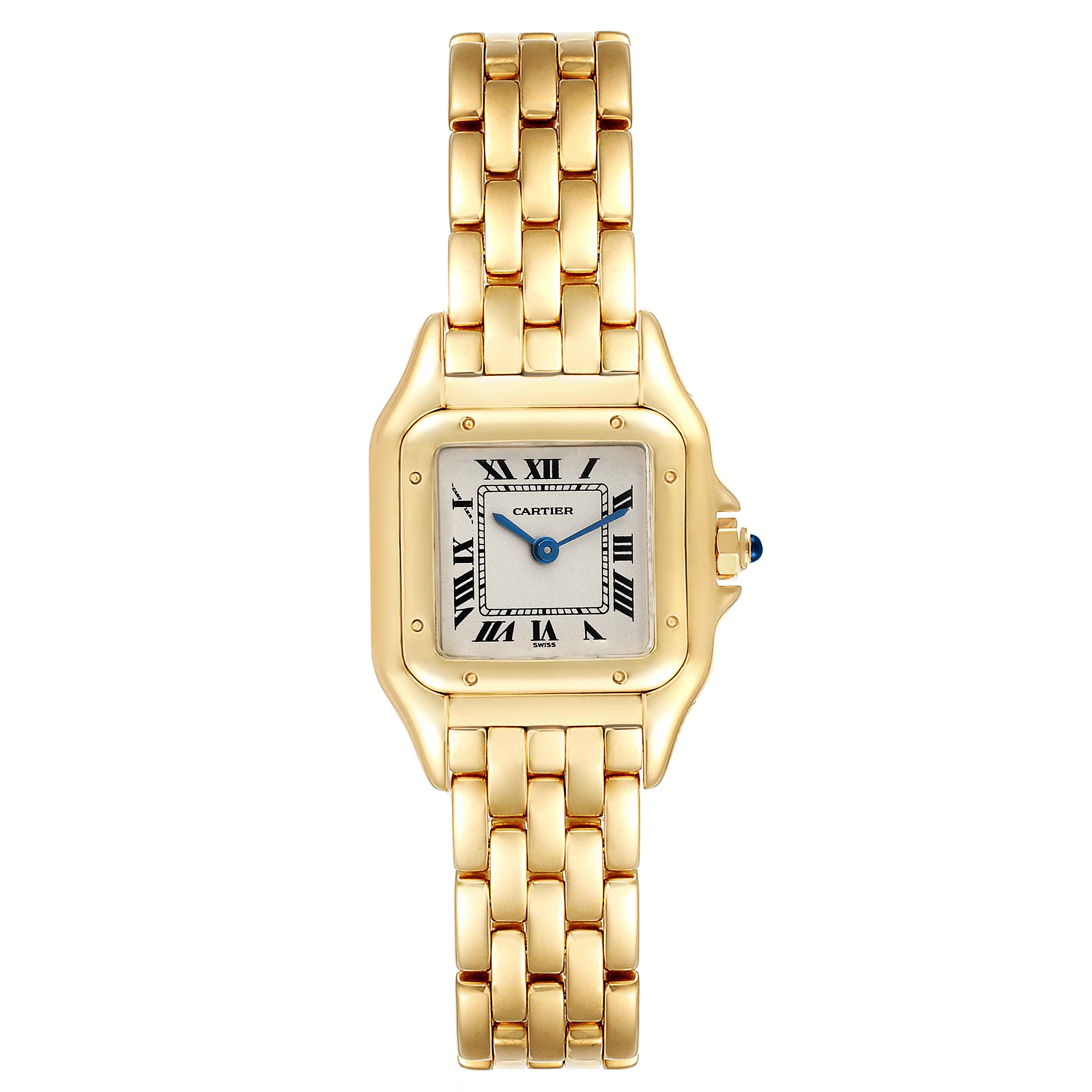 This image shows a Panthère model by Cartier from a straight-on angle, displaying the watch face and gold bracelet.