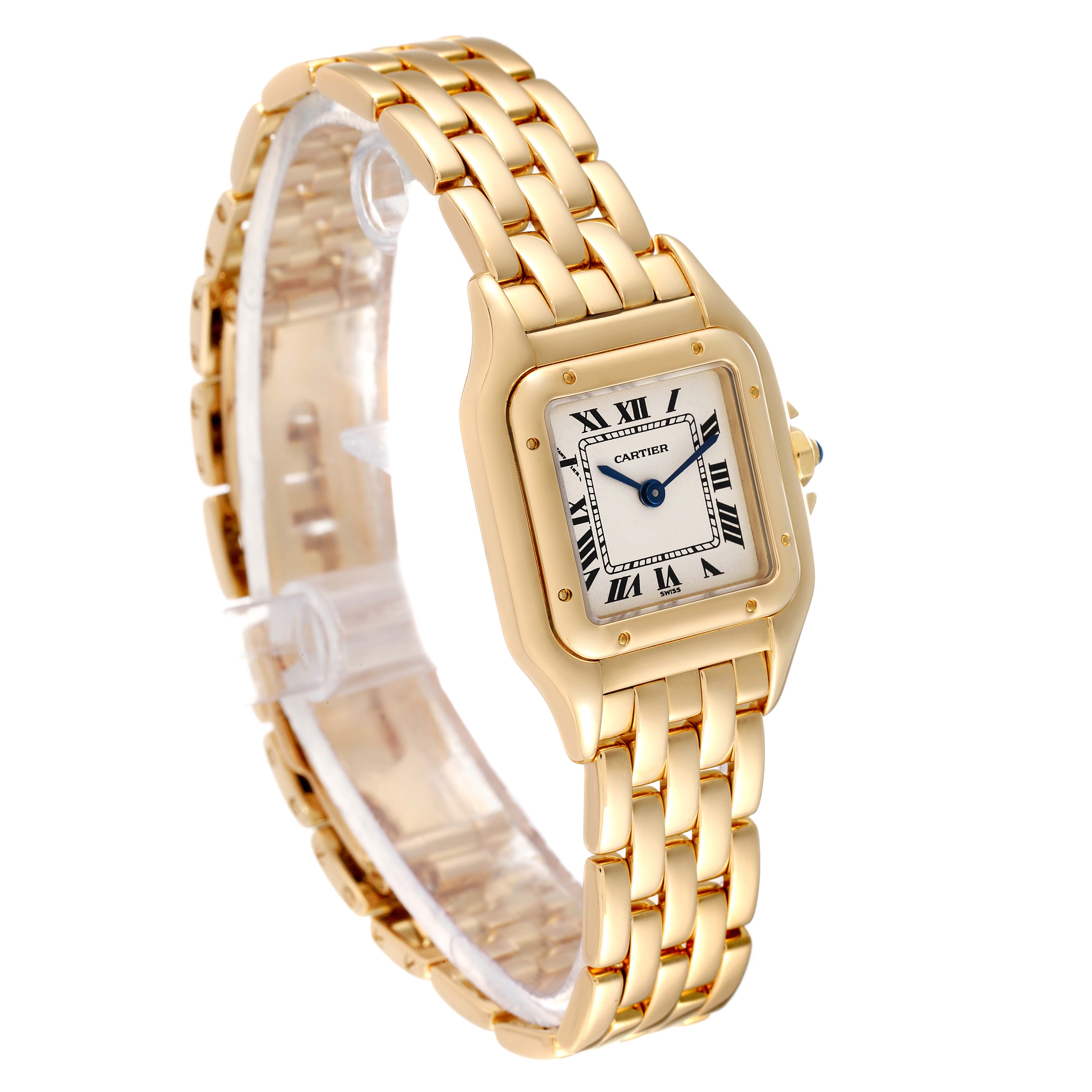 The image shows a Panthere model by Cartier, displaying the gold bracelet and square watch face with Roman numerals.