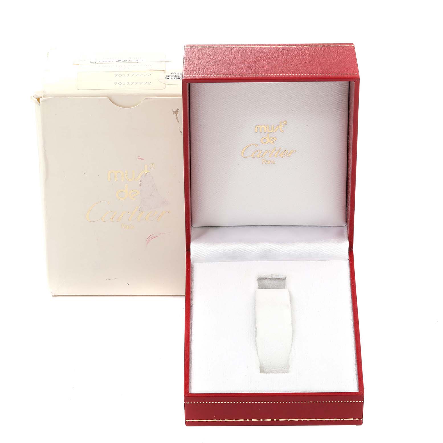 The image shows an empty display box for a Cartier Panthere W25022B9 Women's Yellow Gold Silver Dial W25022B9 Women's Yellow Gold Silver Dial model watch, viewed from the front.