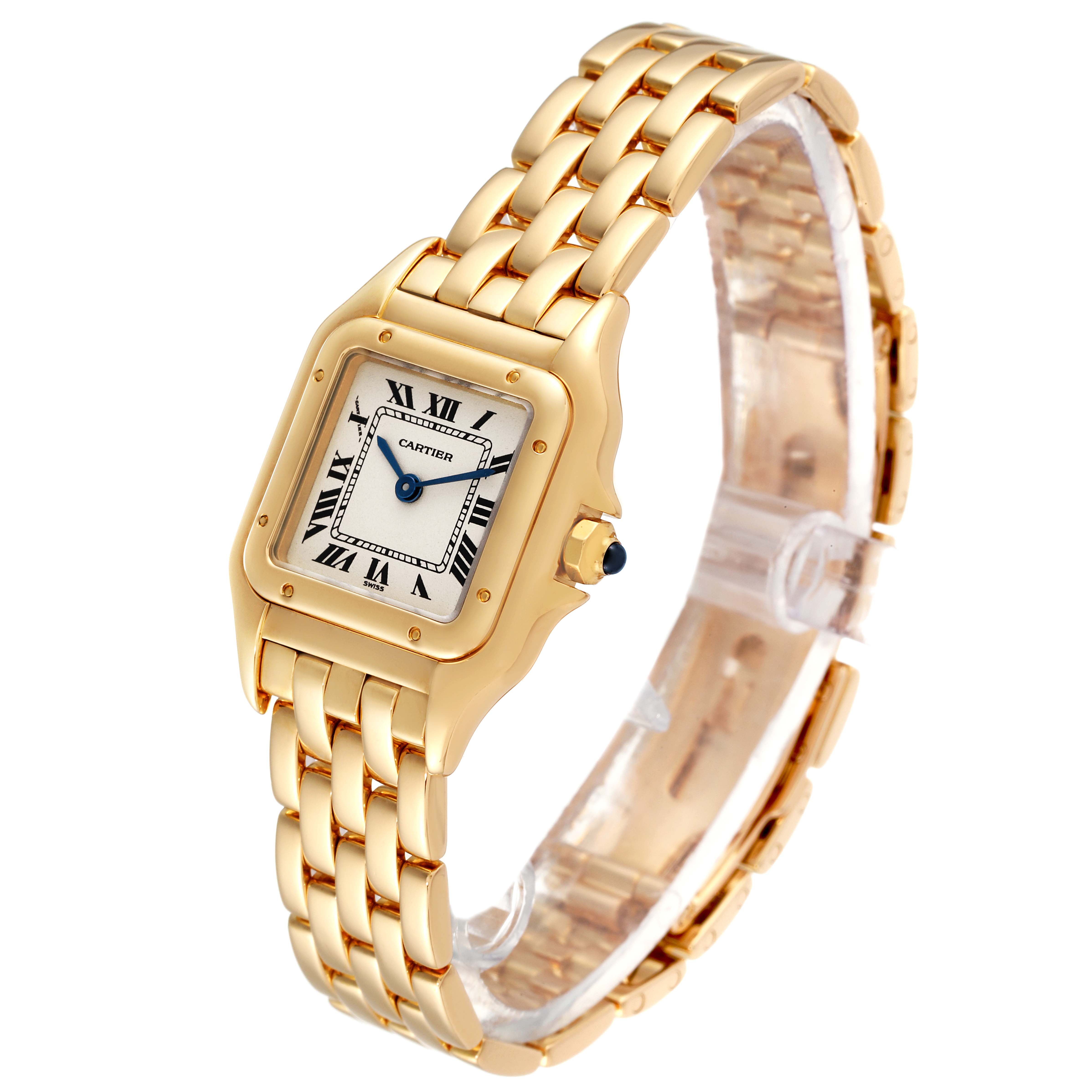 This image shows a Cartier Panthere W25022B9 Women's Yellow Gold Silver Dial W25022B9 Women's Yellow Gold Silver Dial model watch at a slight angle, highlighting the bracelet and face.