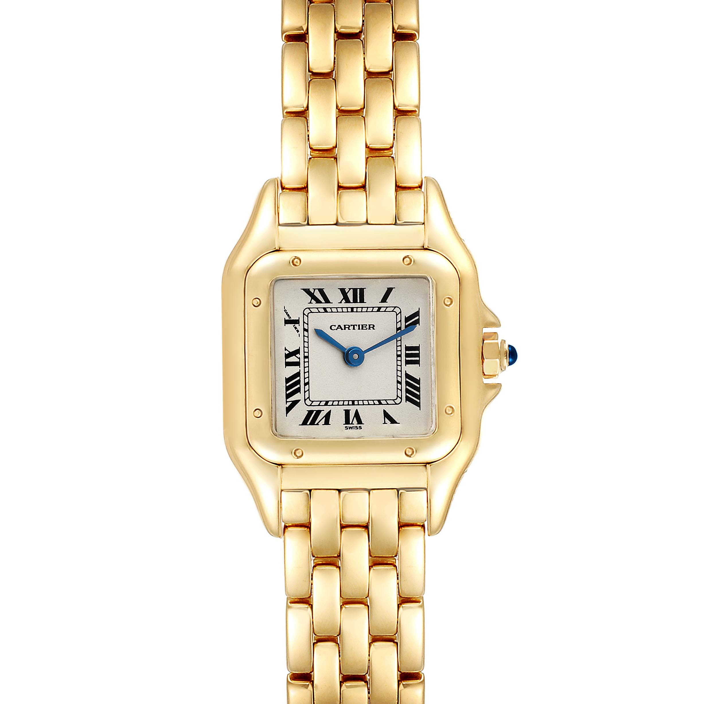 This image shows a Cartier Panthere W25022B9 Women's Yellow Gold Silver Dial W25022B9 Women's Yellow Gold Silver Dial model watch from a front perspective, highlighting its square face and gold bracelet.