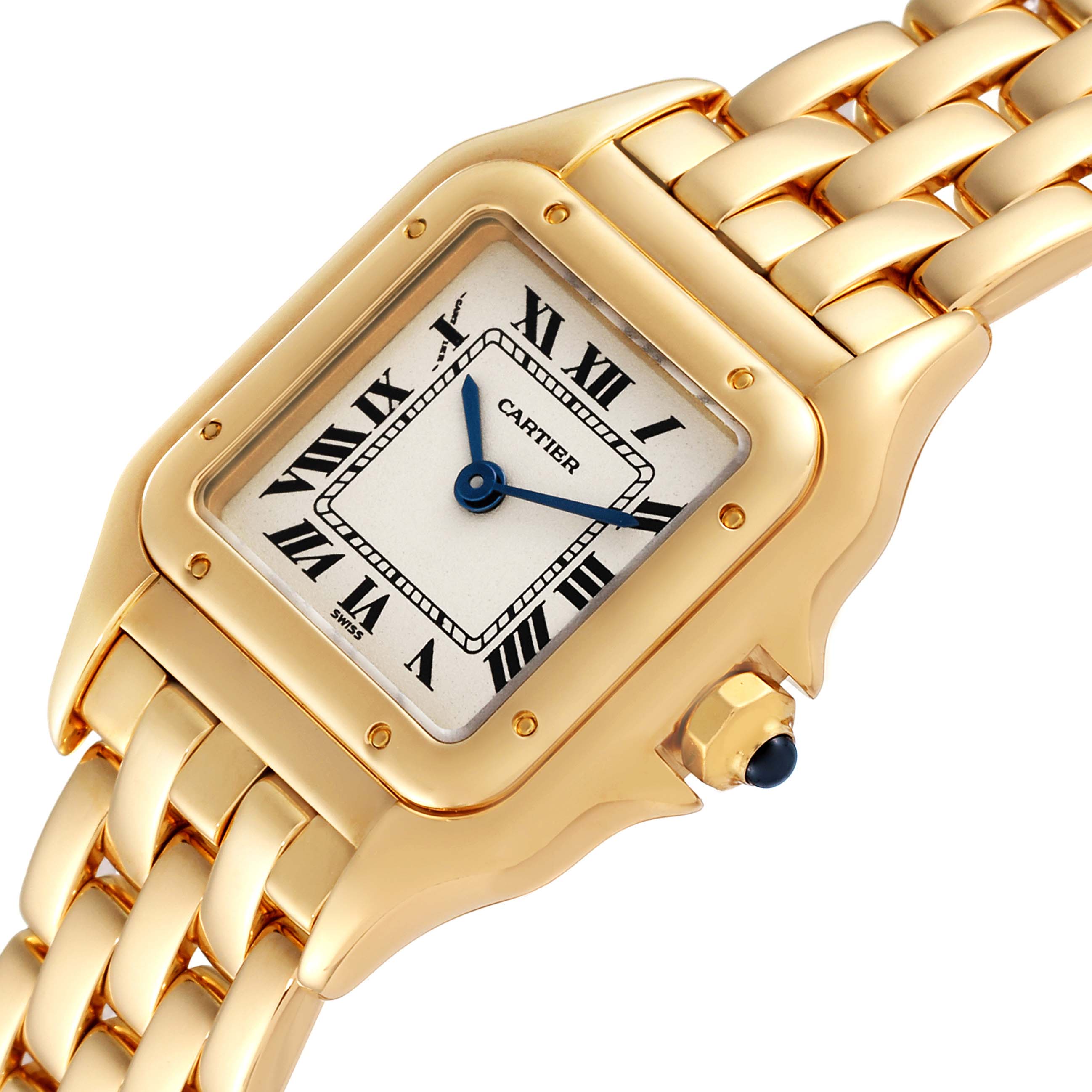 This close-up angle of the Cartier Panthere W25022B9 Women's Yellow Gold Silver Dial W25022B9 Women's Yellow Gold Silver Dial watch shows the gold case, Roman numeral dial, and part of the bracelet.