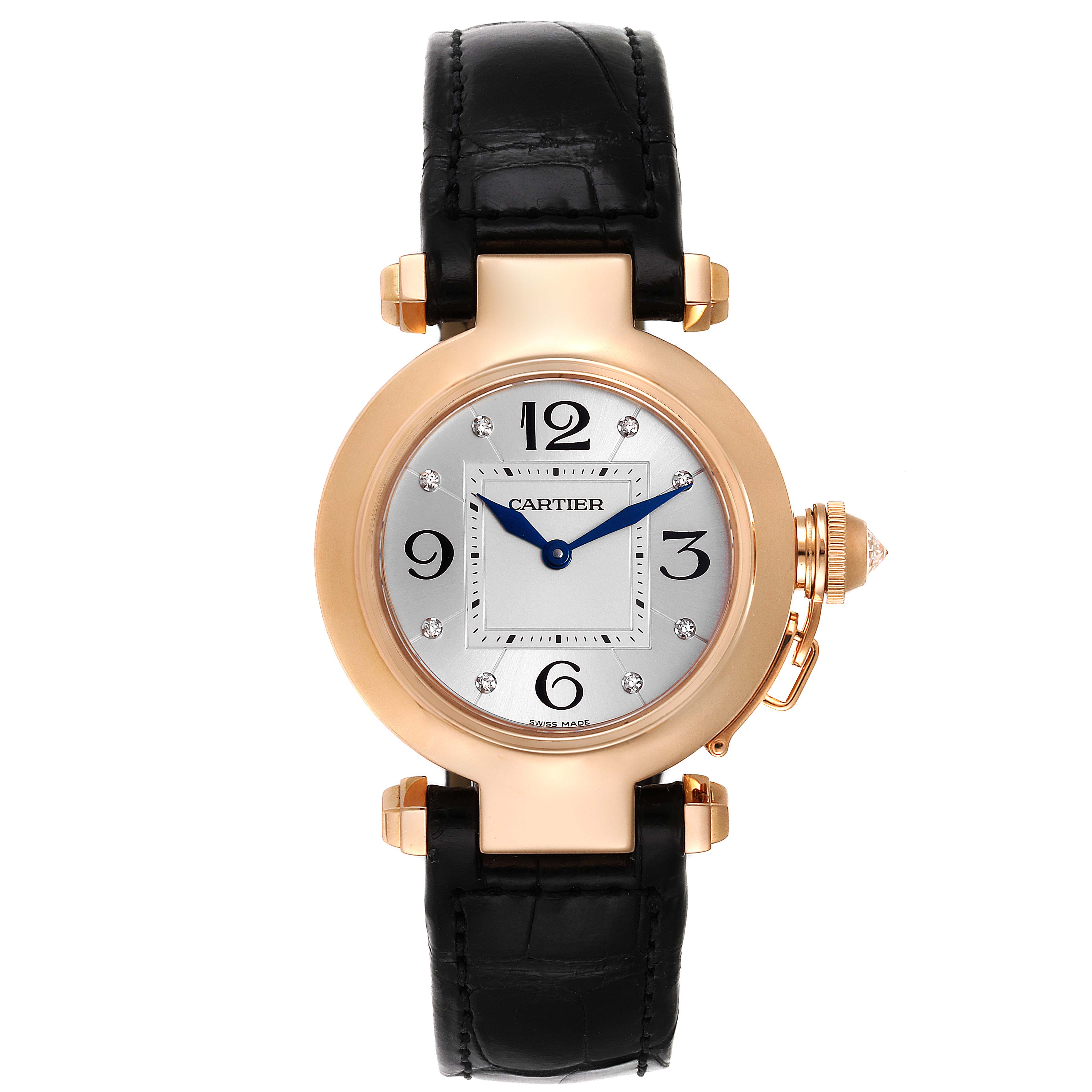 The image shows a Cartier Pasha WJ11913G Women's Rose Gold Silver Dial WJ11913G Women's Rose Gold Silver Dial model watch with a round face, gold case, blue hands, and black leather strap from a front angle.