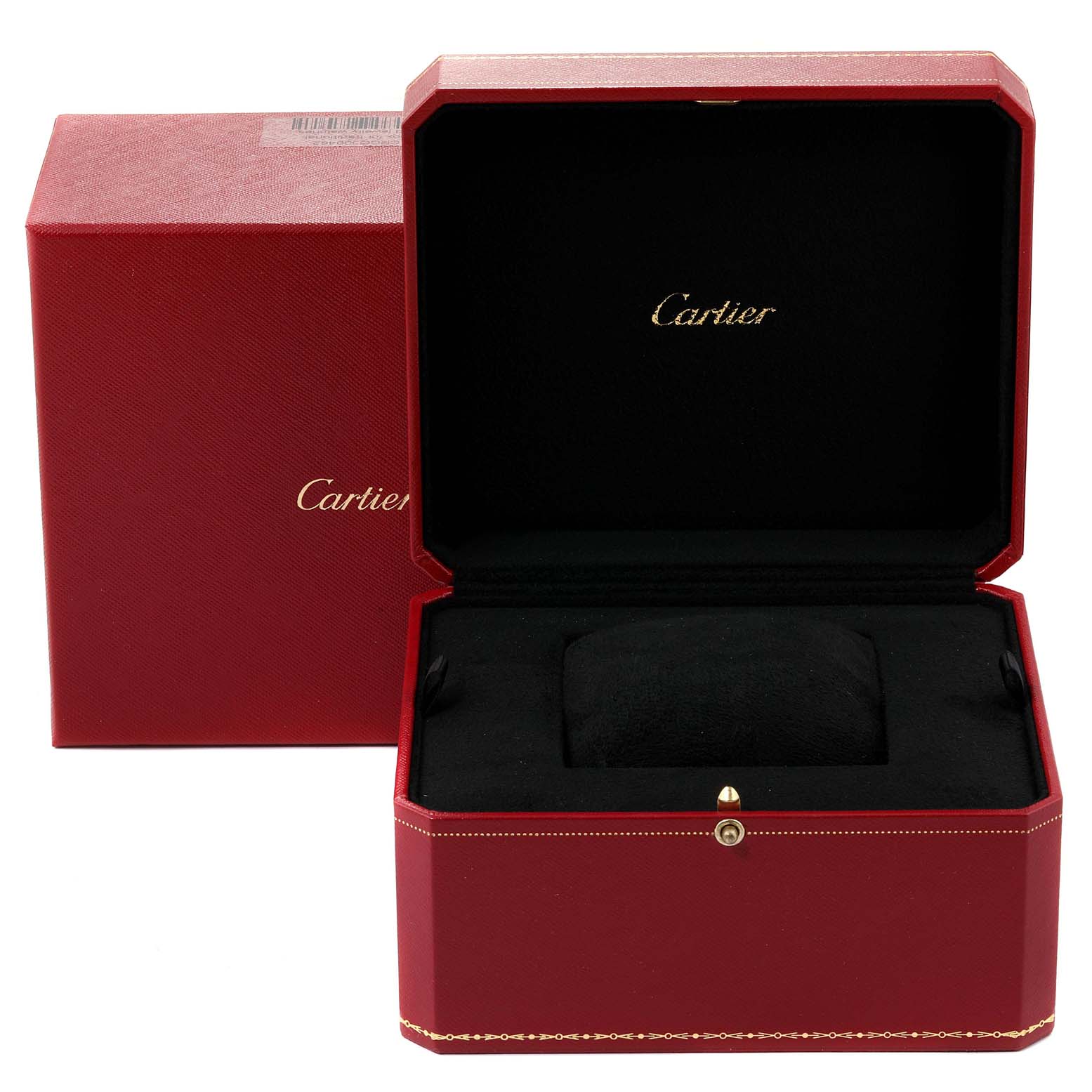 The image shows an open Cartier watch box for the Pasha model, displaying its red exterior and black interior.