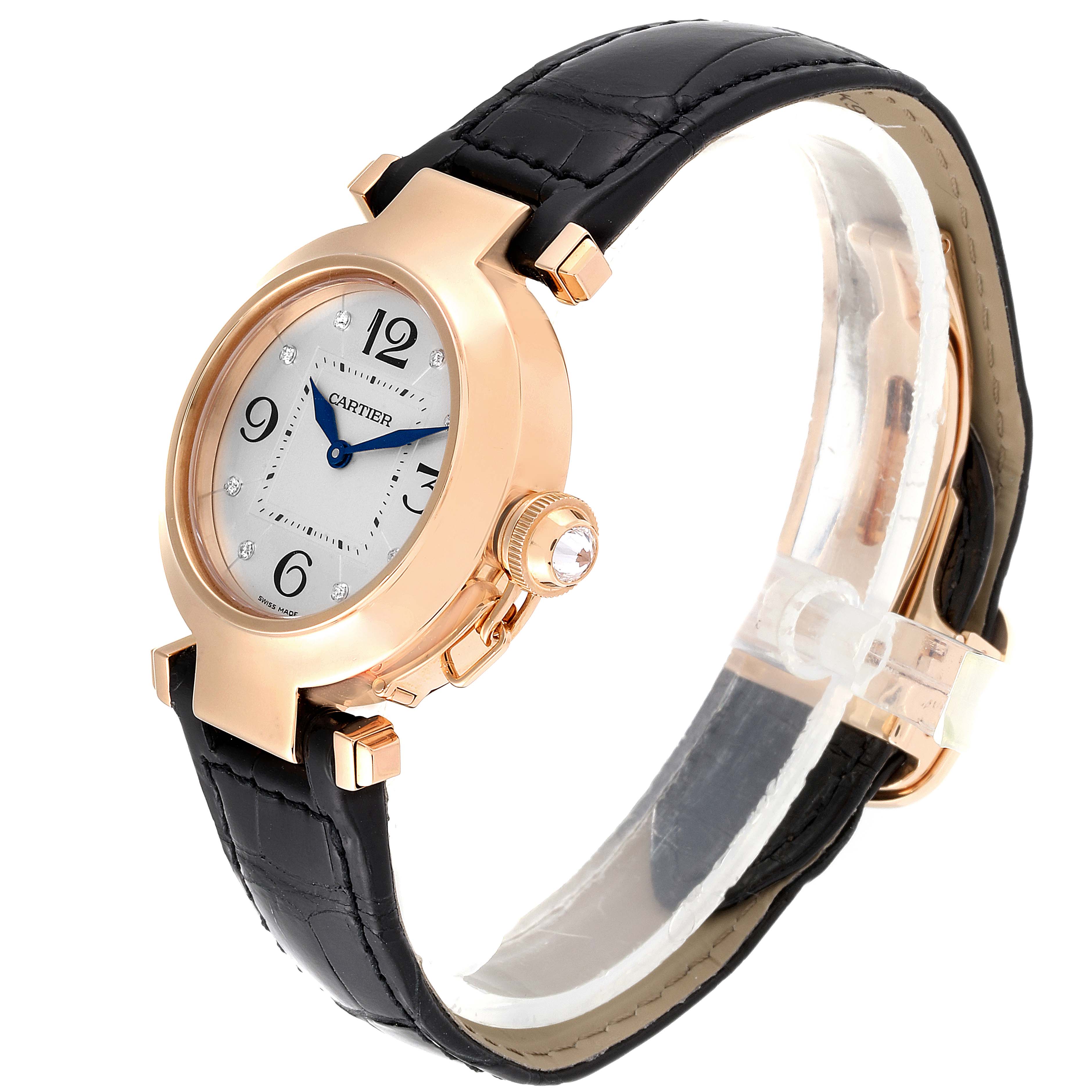 The Cartier Pasha WJ11913G Women's Rose Gold Silver Dial WJ11913G Women's Rose Gold Silver Dial watch is shown at a three-quarter angle, displaying its face, crown, case, and leather strap.