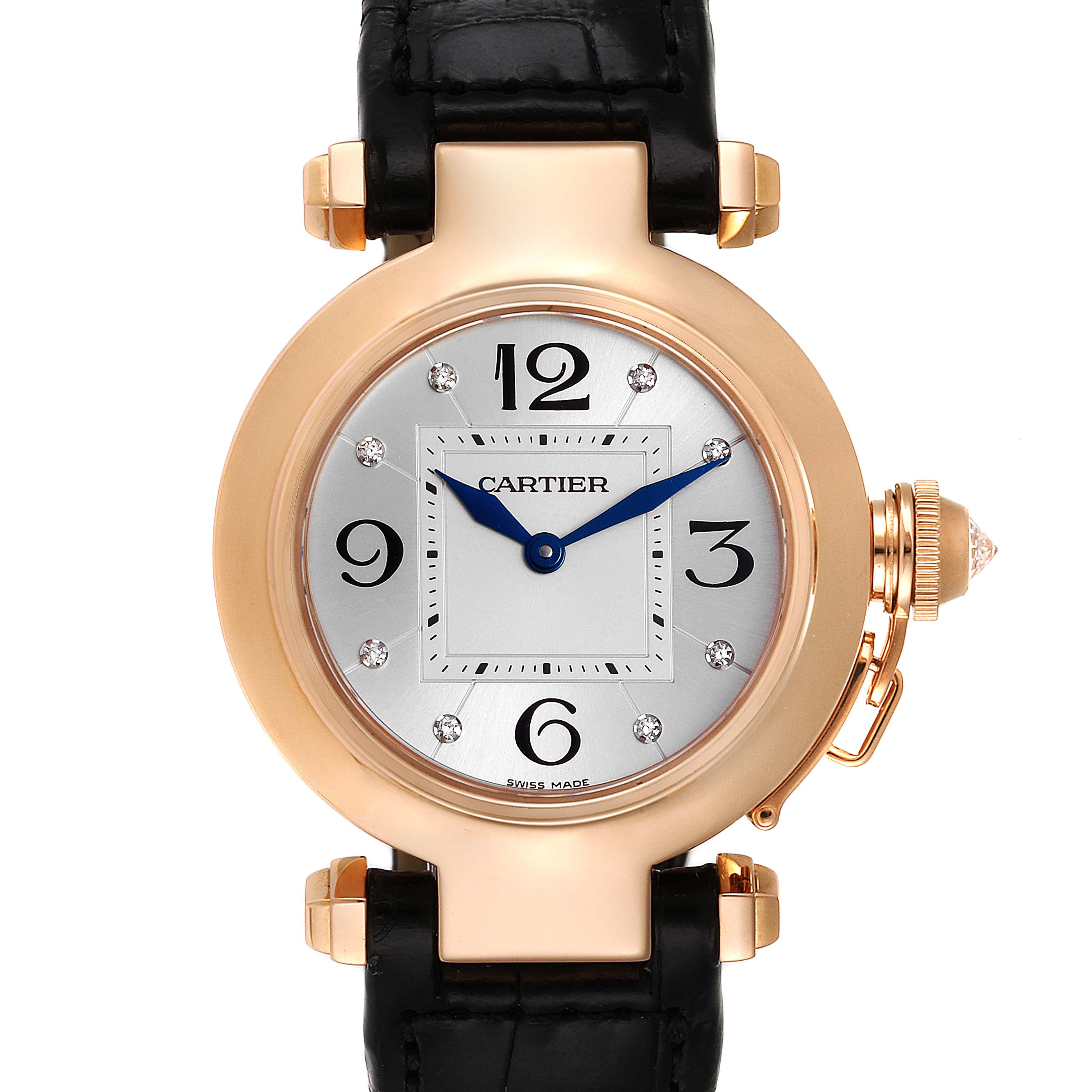 The image shows a front view of the Cartier Pasha WJ11913G Women's Rose Gold Silver Dial WJ11913G Women's Rose Gold Silver Dial watch, highlighting its face, bezel, strap, and crown.