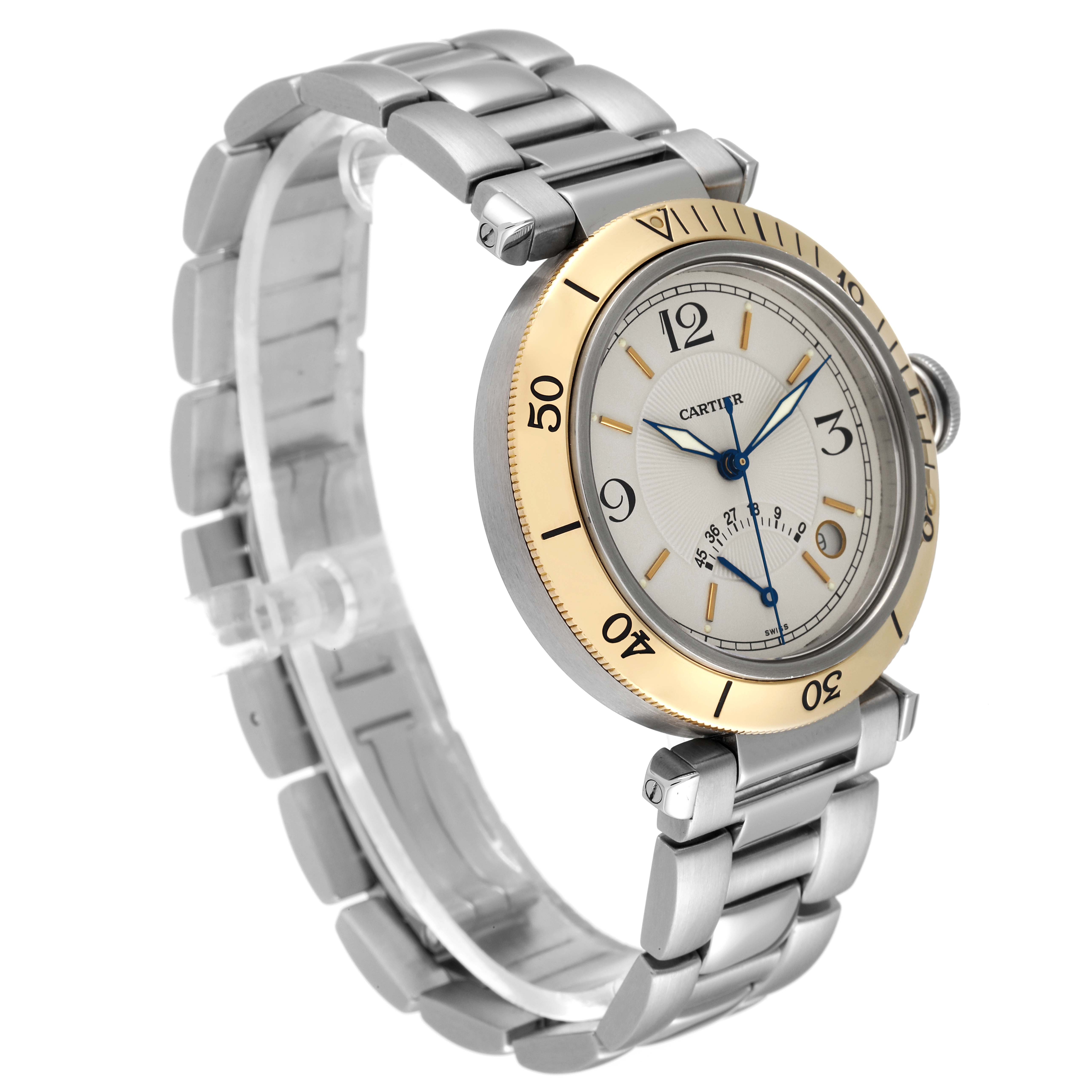 The image shows a side view of the Cartier Pasha W31012H3 Men
s Steel and Gold (two tone) Silver Dial W31012H3 Men
s Steel and Gold (two tone) Silver Dial watch, highlighting the dial, bezel, and metal bracelet.
