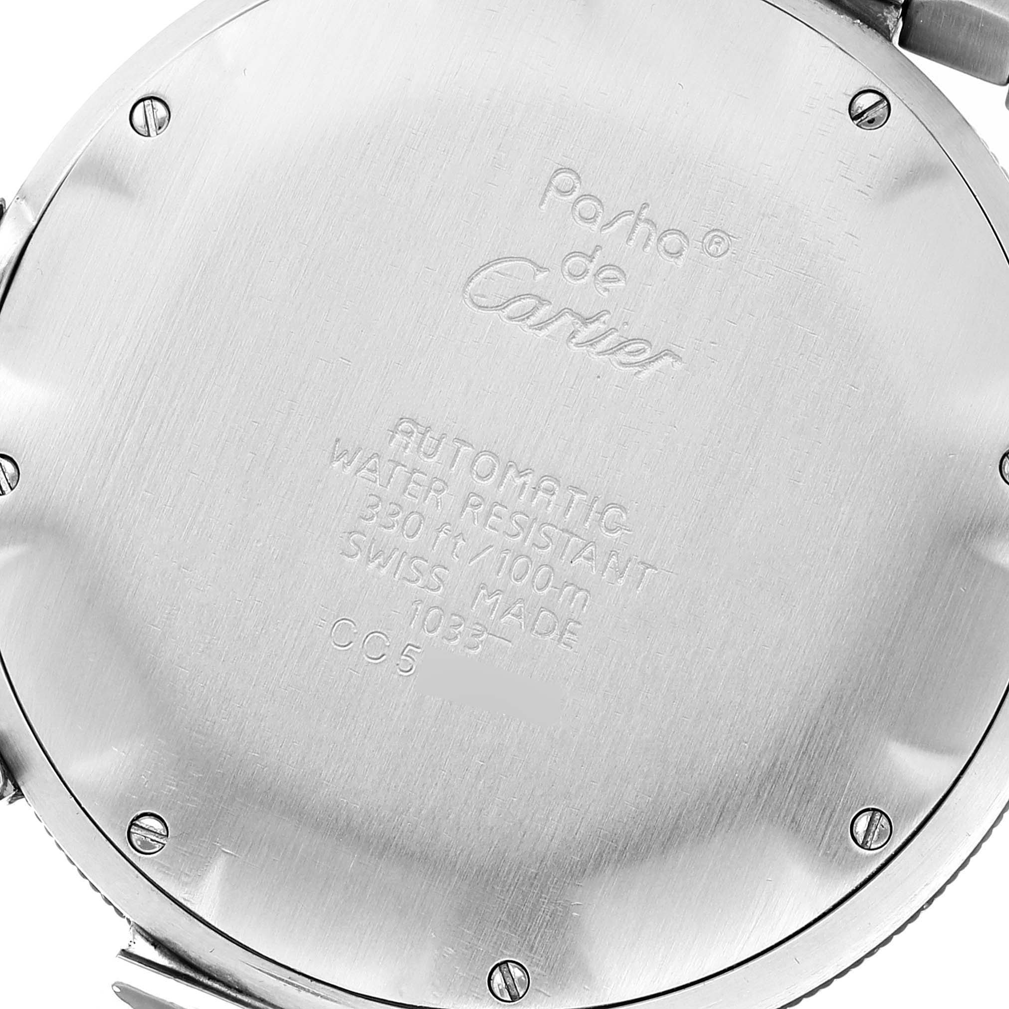 The image shows the back case of a Cartier Pasha W31012H3 Men
s Steel and Gold (two tone) Silver Dial W31012H3 Men
s Steel and Gold (two tone) Silver Dial watch, highlighting engravings and screw details.