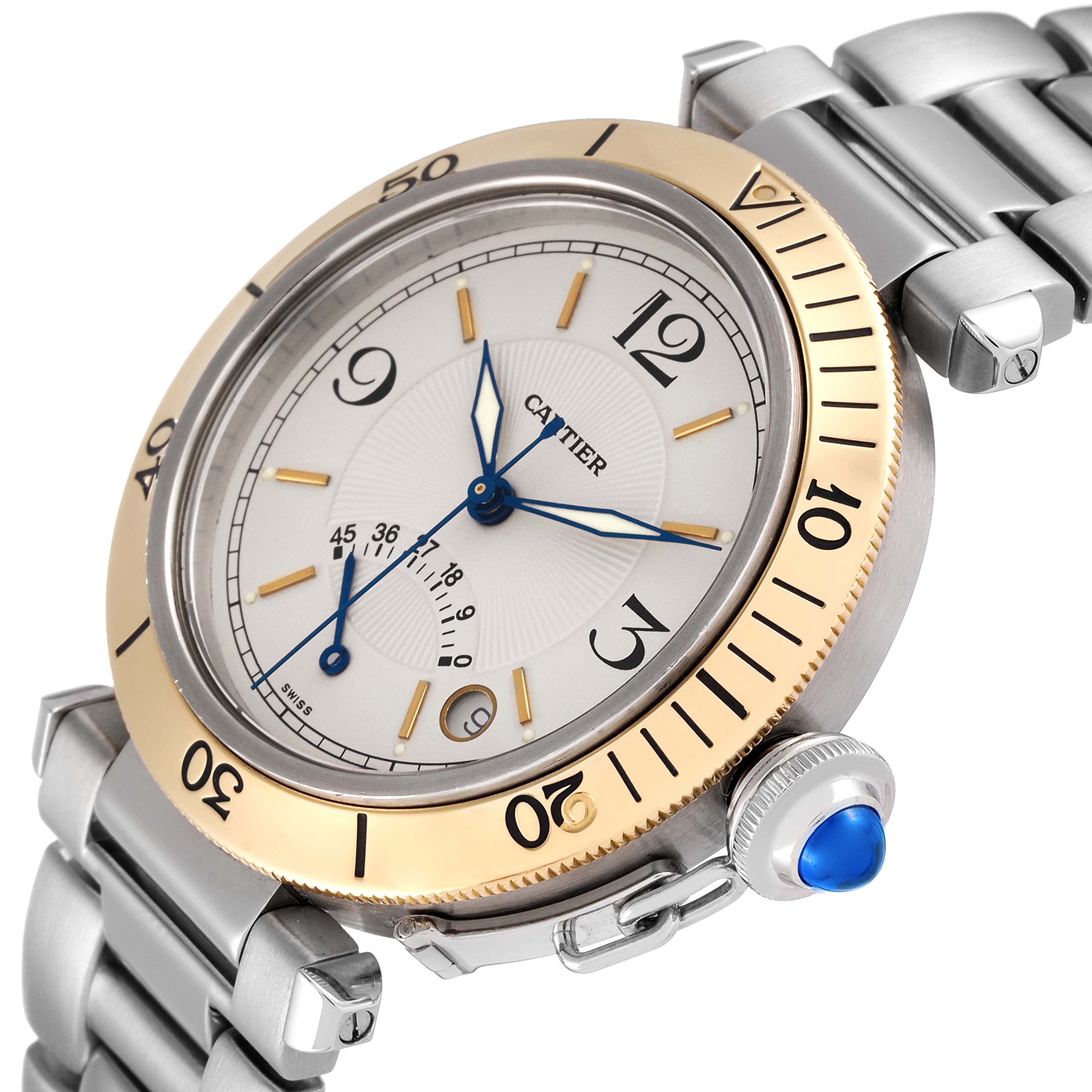 The image shows a Cartier Pasha W31012H3 Men
s Steel and Gold (two tone) Silver Dial W31012H3 Men
s Steel and Gold (two tone) Silver Dial watch from a front angle, highlighting its face, bezel, crown, and part of the bracelet.