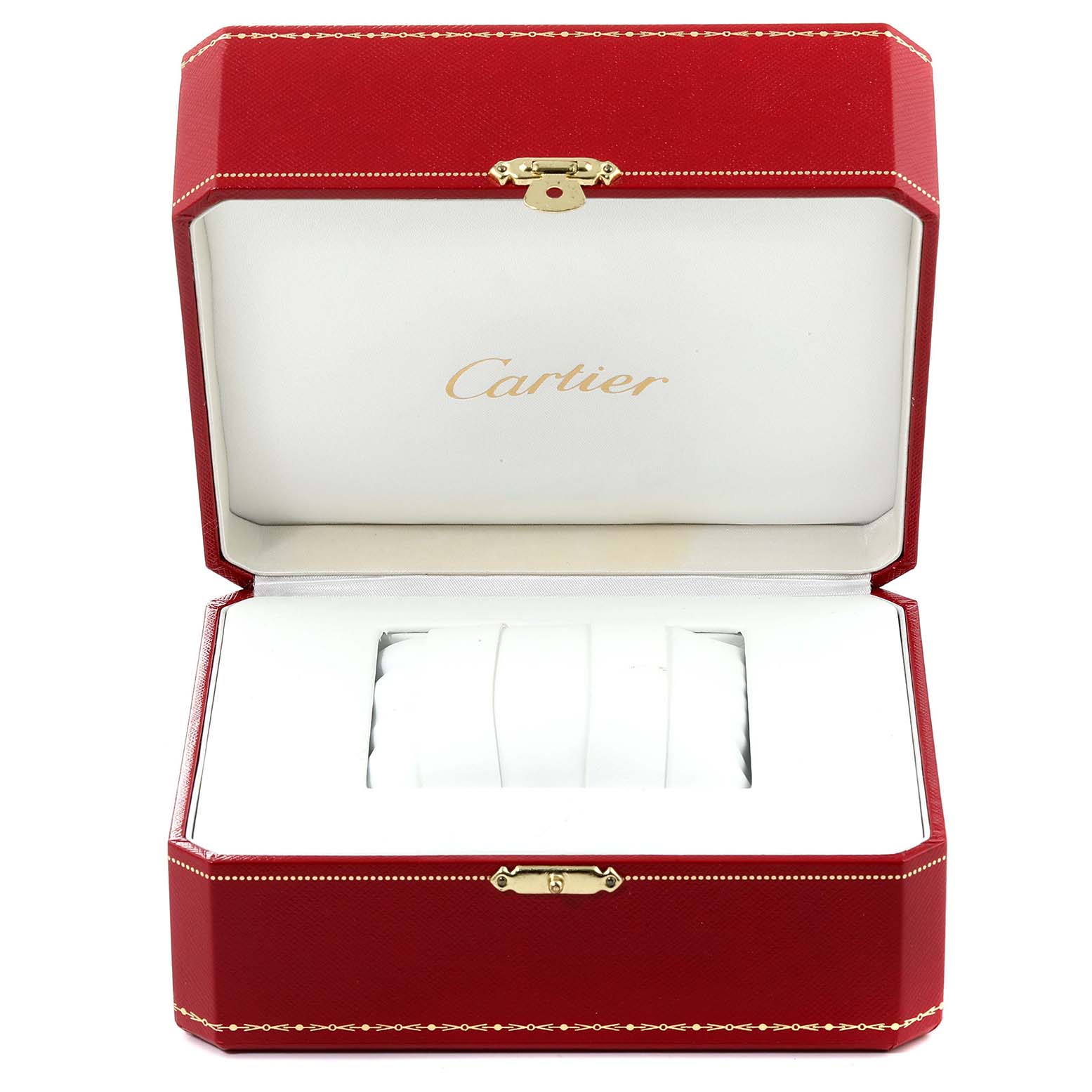 The image shows an open Cartier Pasha W31012H3 Men
s Steel and Gold (two tone) Silver Dial W31012H3 Men
s Steel and Gold (two tone) Silver Dial model watch box, featuring a red exterior and a white interior.