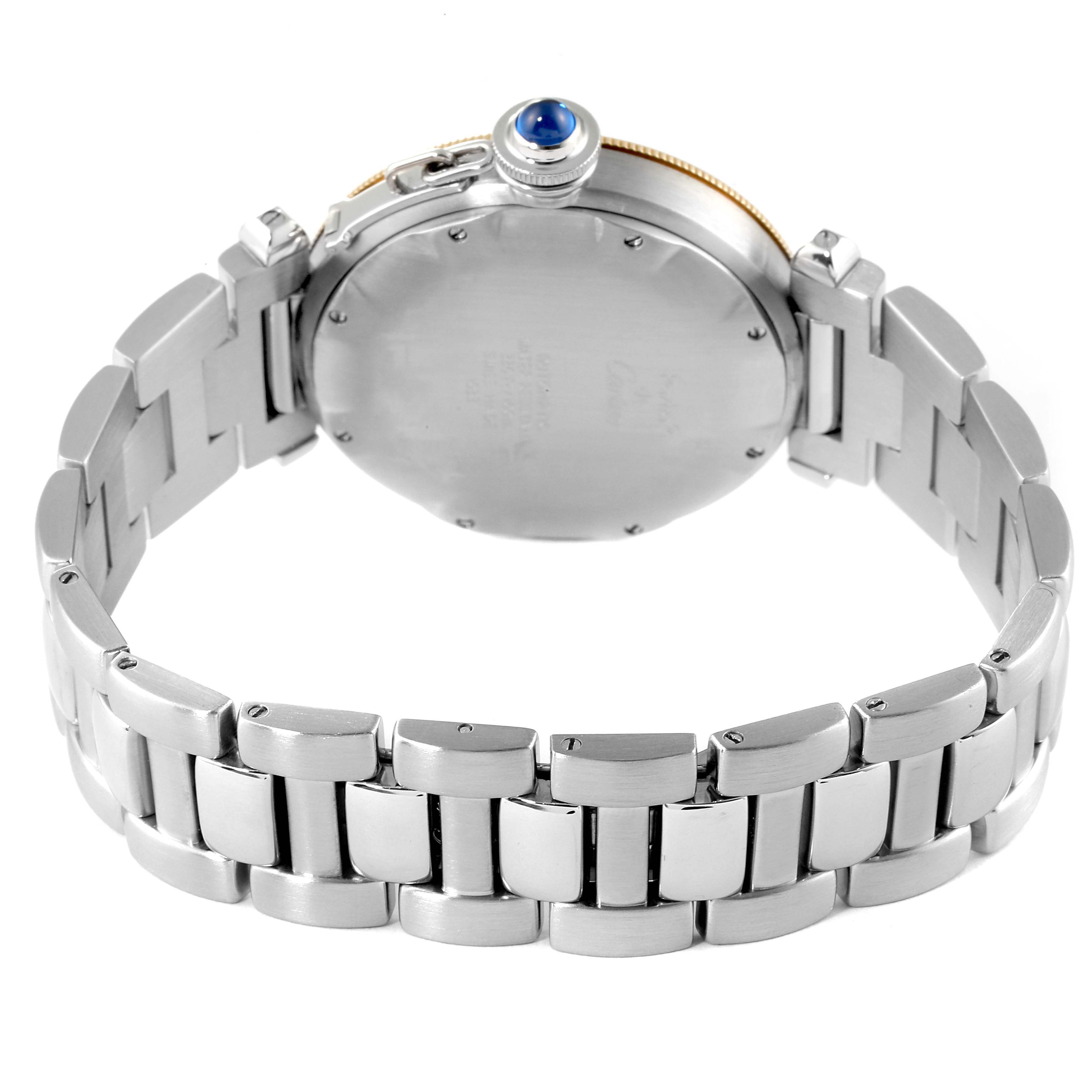 This image shows the back and bracelet of a Cartier Pasha W31012H3 Men
s Steel and Gold (two tone) Silver Dial W31012H3 Men
s Steel and Gold (two tone) Silver Dial watch from a rear angle.