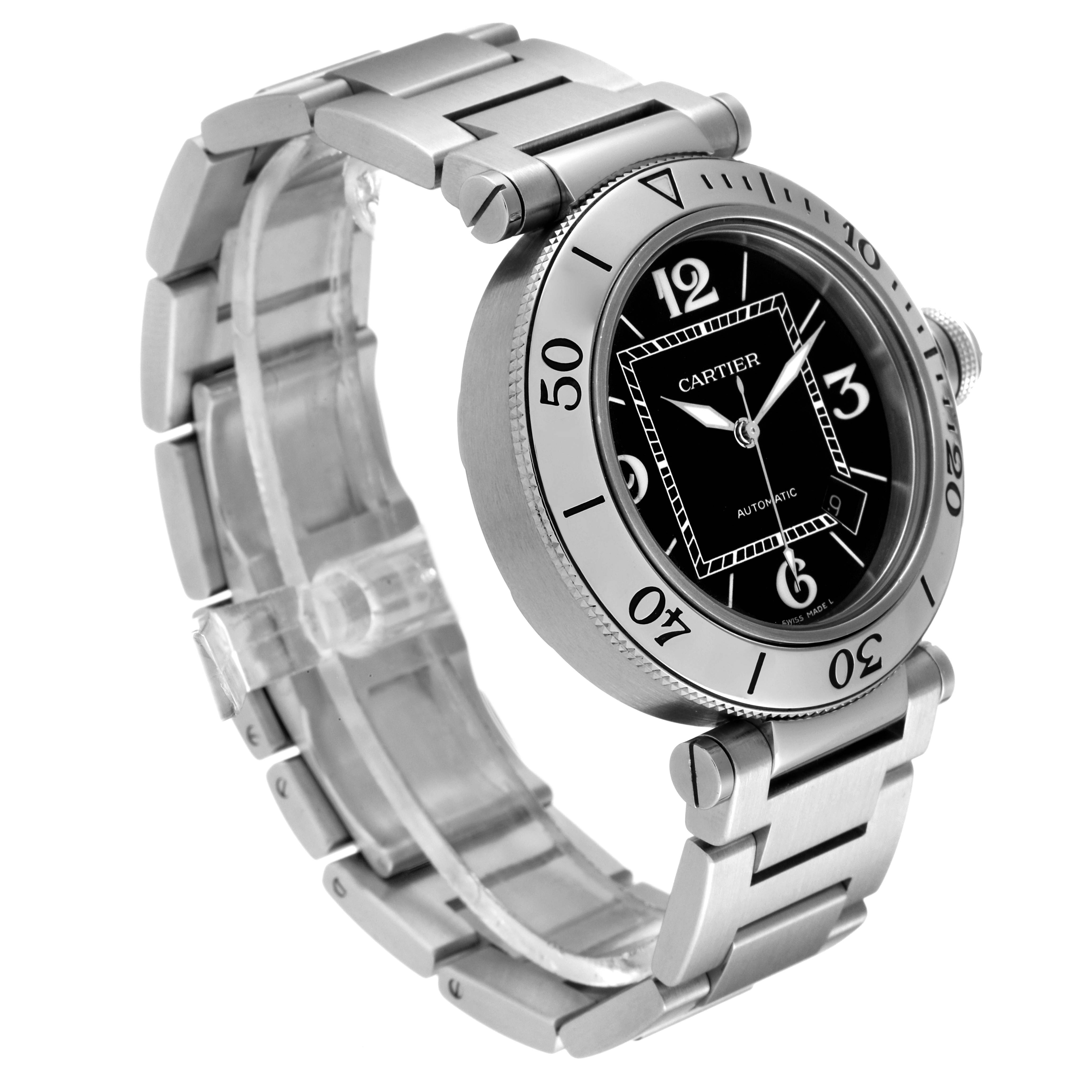 The image shows a Cartier Pasha W31077M7 Men's Stainless Steel Black Dial W31077M7 Men's Stainless Steel Black Dial watch viewed from the front and slightly angled to the side, highlighting the bezel, dial, and bracelet.