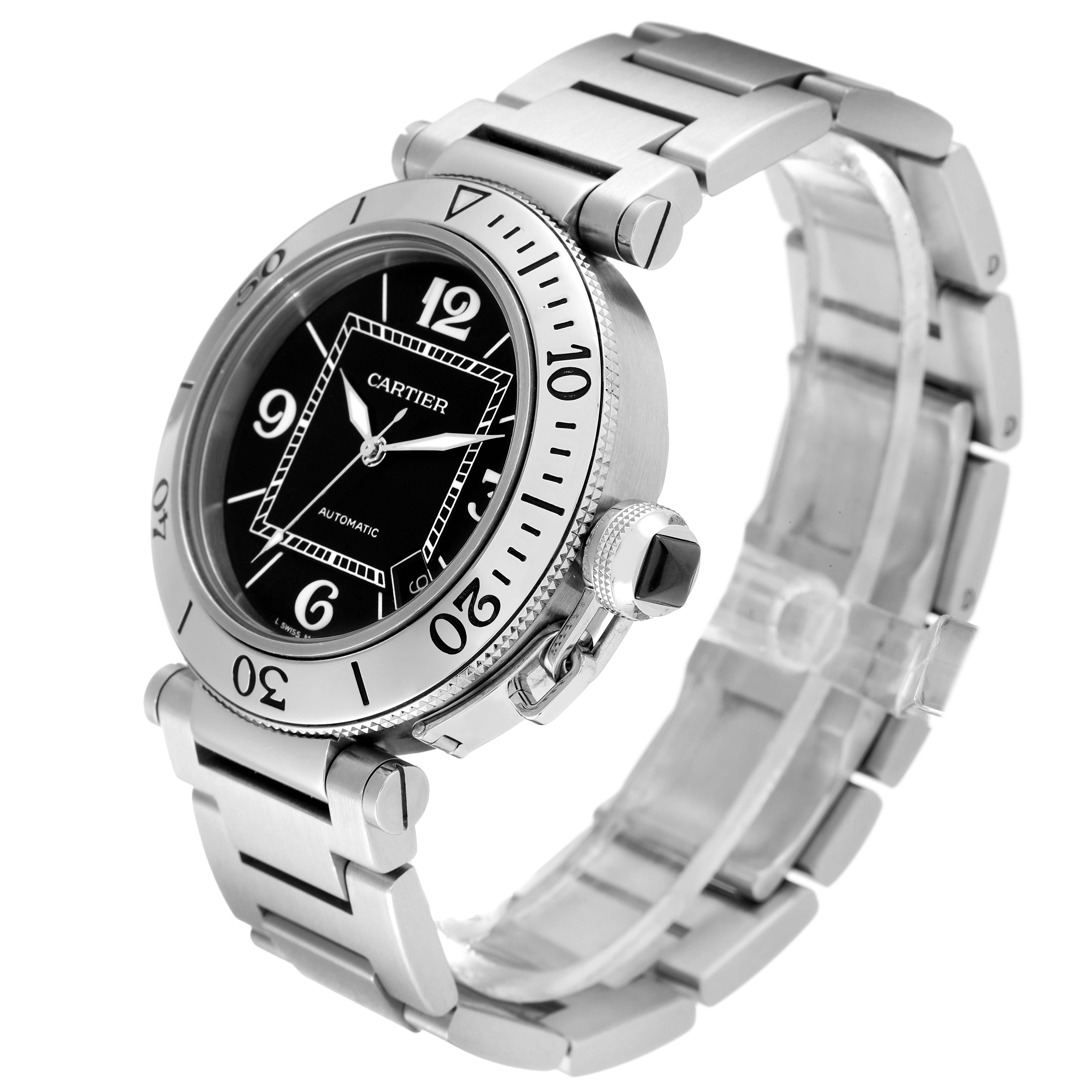The image shows a close-up angle of a Cartier Pasha W31077M7 Men's Stainless Steel Black Dial W31077M7 Men's Stainless Steel Black Dial watch, focusing on its dial, bezel, and bracelet.