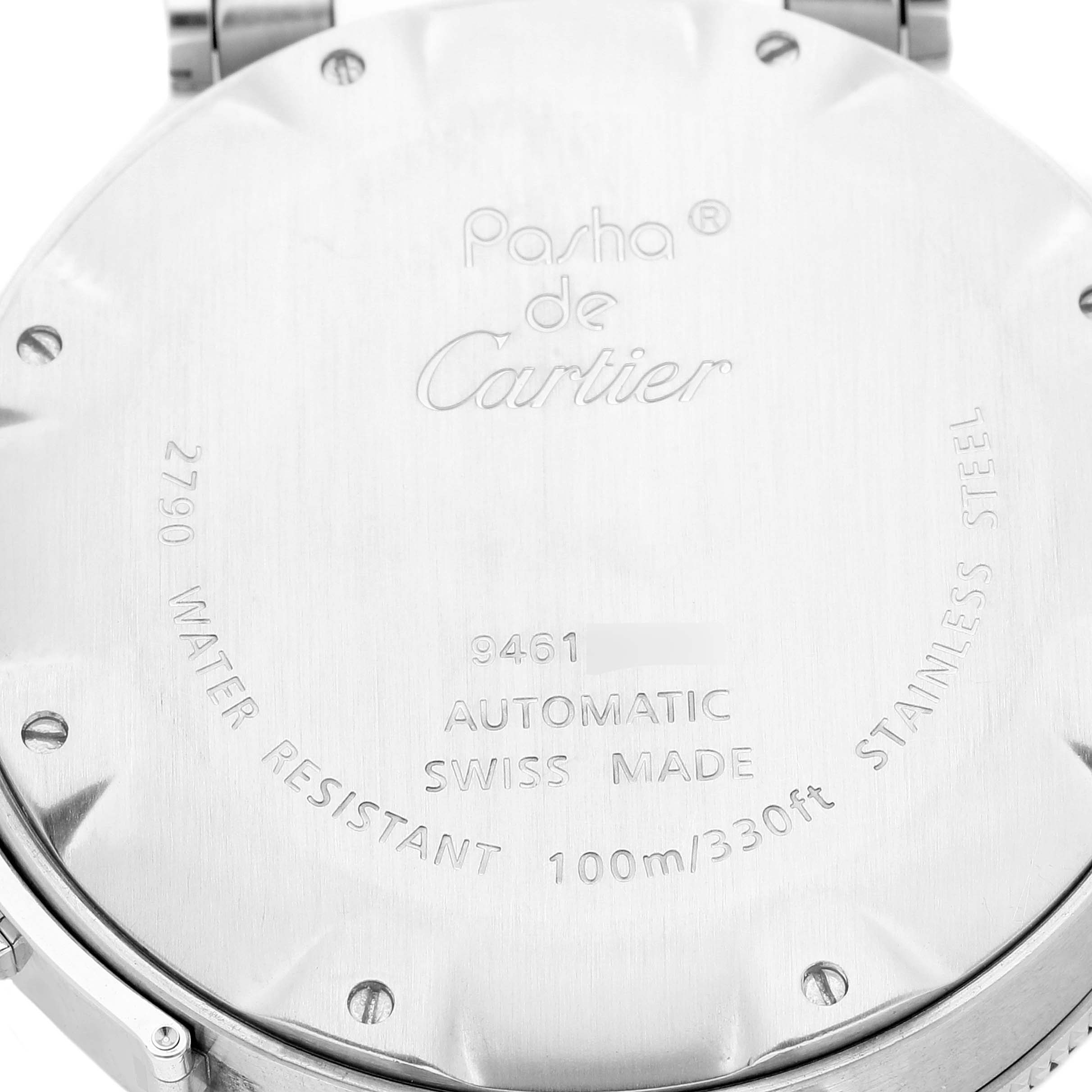This image shows the back case of a Cartier Pasha W31077M7 Men's Stainless Steel Black Dial W31077M7 Men's Stainless Steel Black Dial watch, highlighting its model details and specifications.