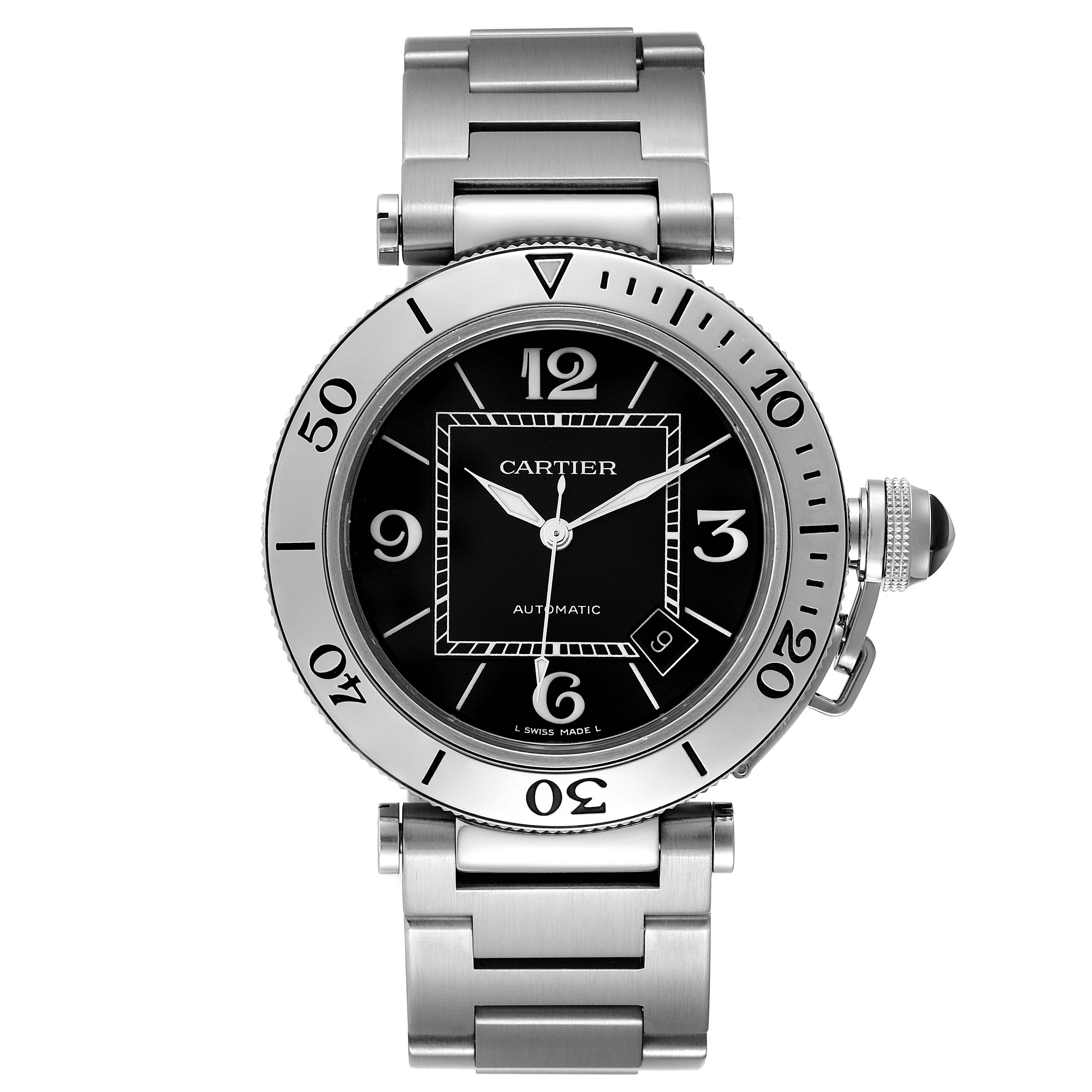 This image shows a front view of the Cartier Pasha W31077M7 Men's Stainless Steel Black Dial W31077M7 Men's Stainless Steel Black Dial watch, displaying its face, bezel, and bracelet.