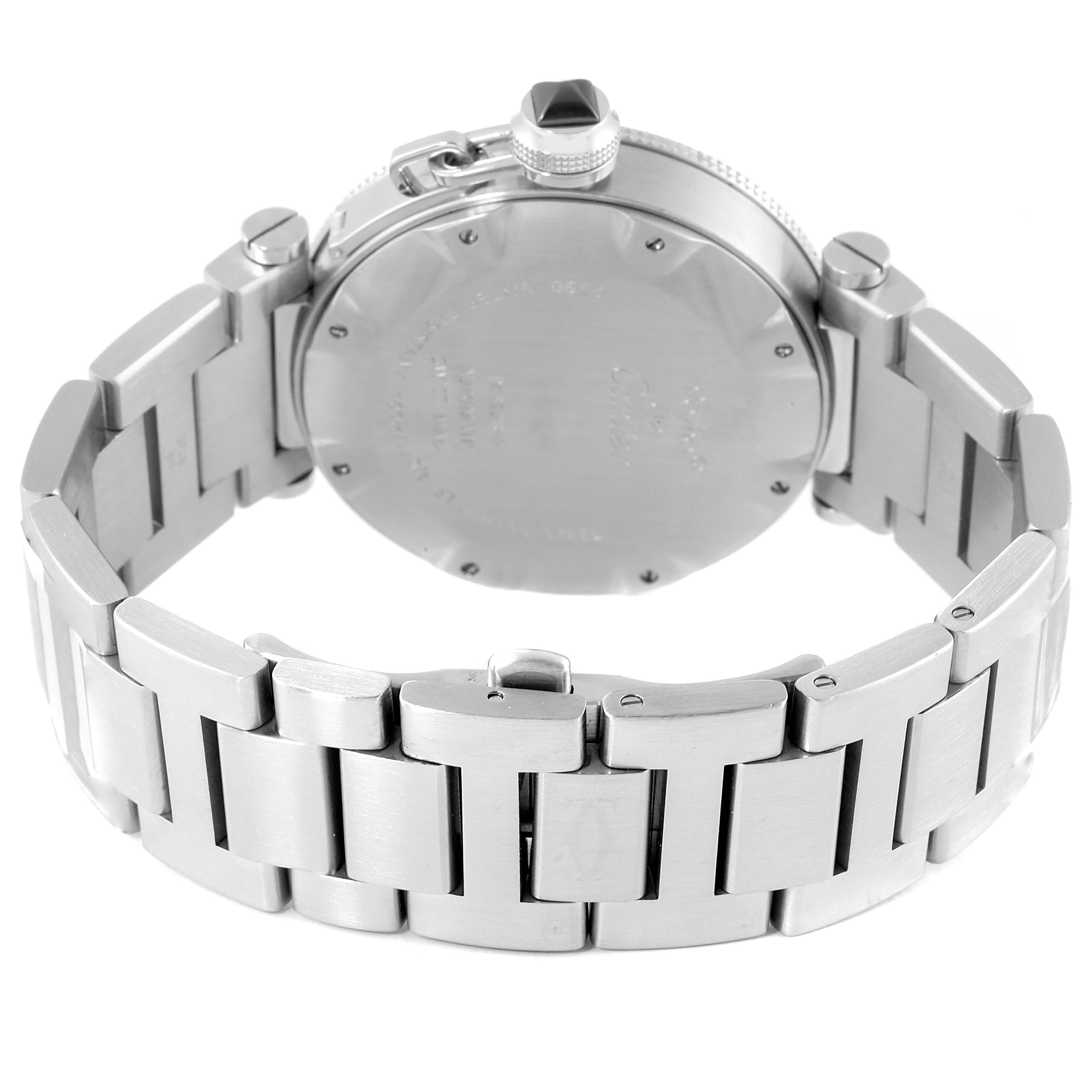 This image shows the back case and bracelet of a Cartier Pasha W31077M7 Men's Stainless Steel Black Dial W31077M7 Men's Stainless Steel Black Dial watch.