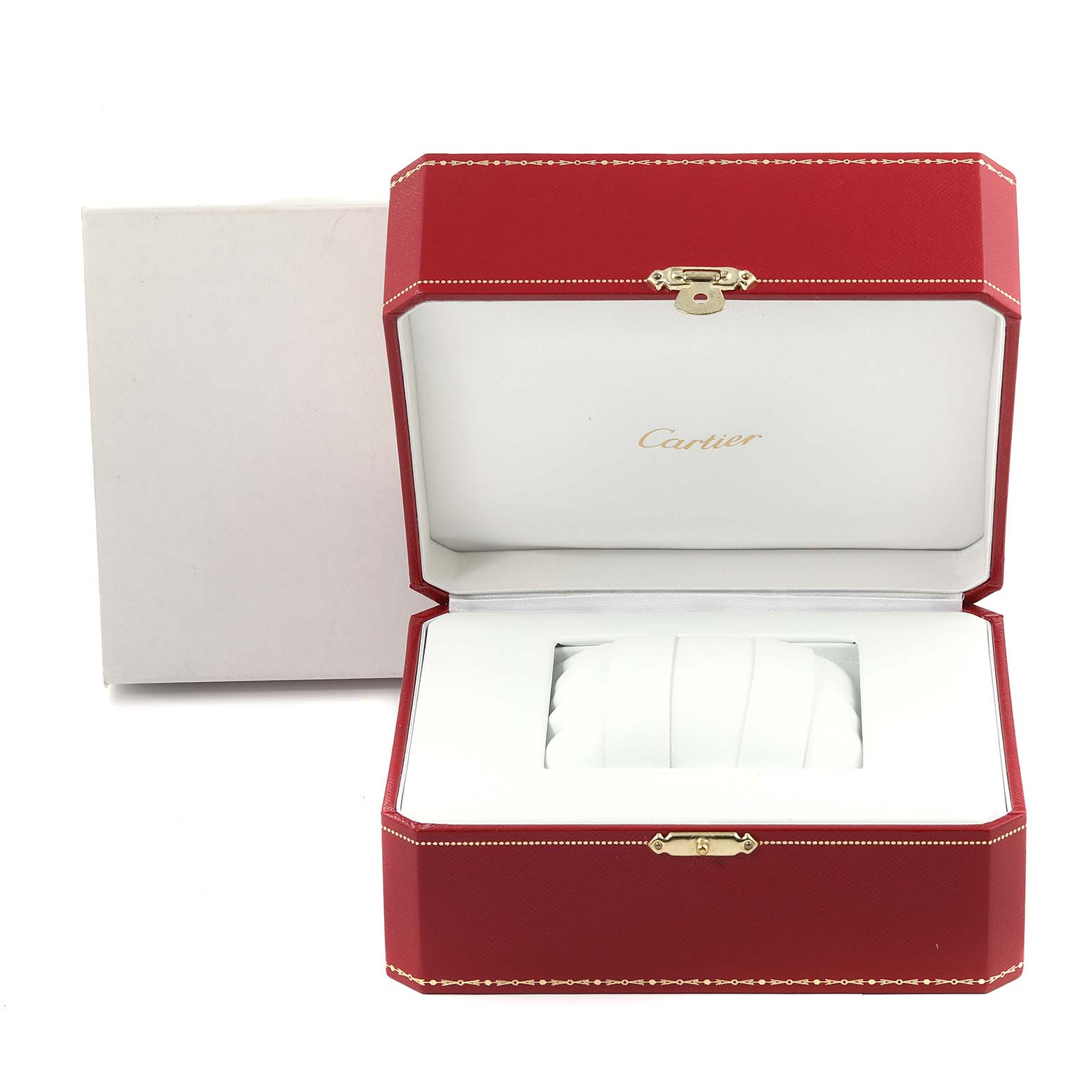 The image shows an open red Cartier box for the Pasha model watch, highlighting its luxurious interior.