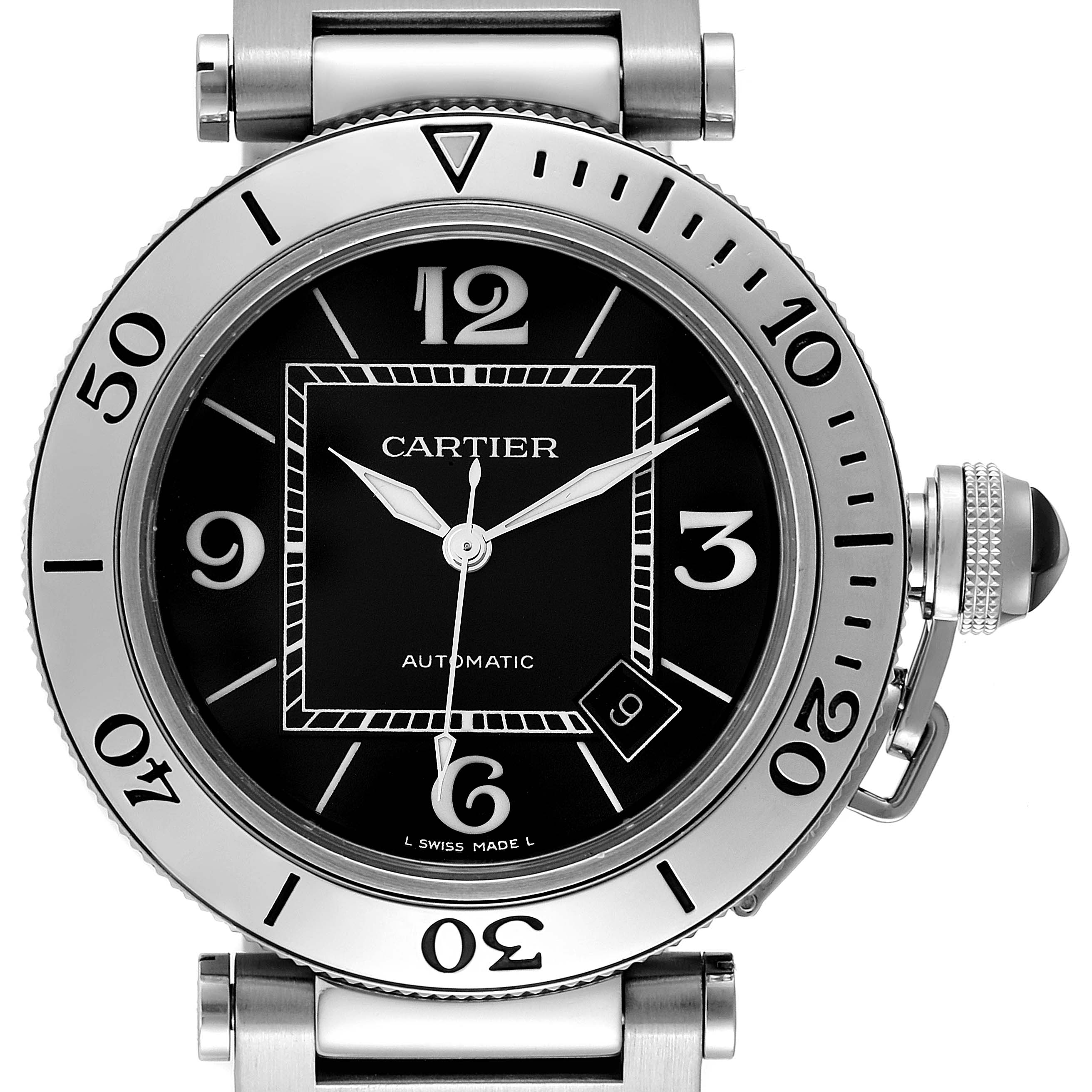 This image shows a front view of the Cartier Pasha W31077M7 Men's Stainless Steel Black Dial W31077M7 Men's Stainless Steel Black Dial model watch, highlighting its face, bezel, and crown.