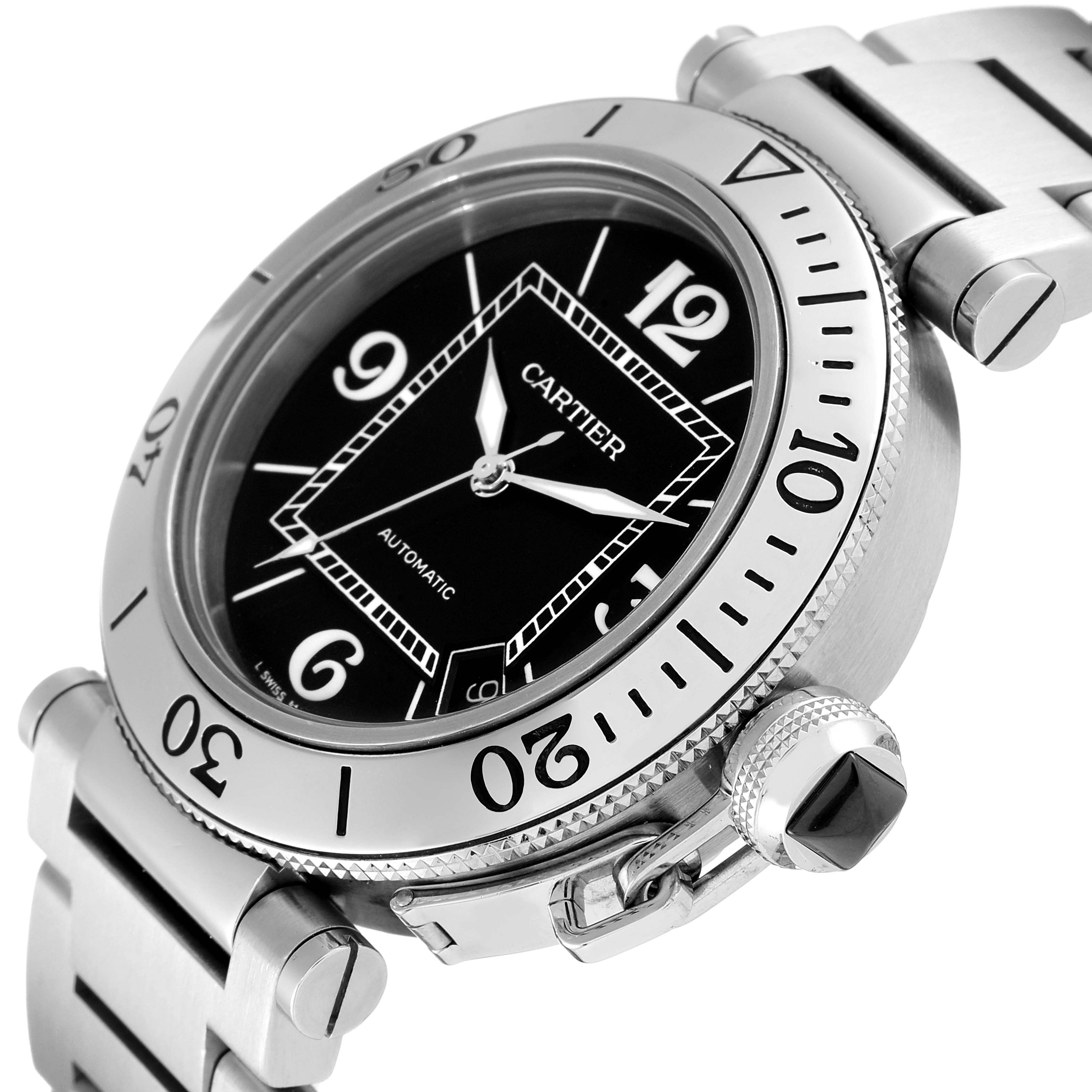 This image shows a close-up of the face, bezel, and part of the bracelet of the Cartier Pasha W31077M7 Men's Stainless Steel Black Dial W31077M7 Men's Stainless Steel Black Dial watch at a slight angle.