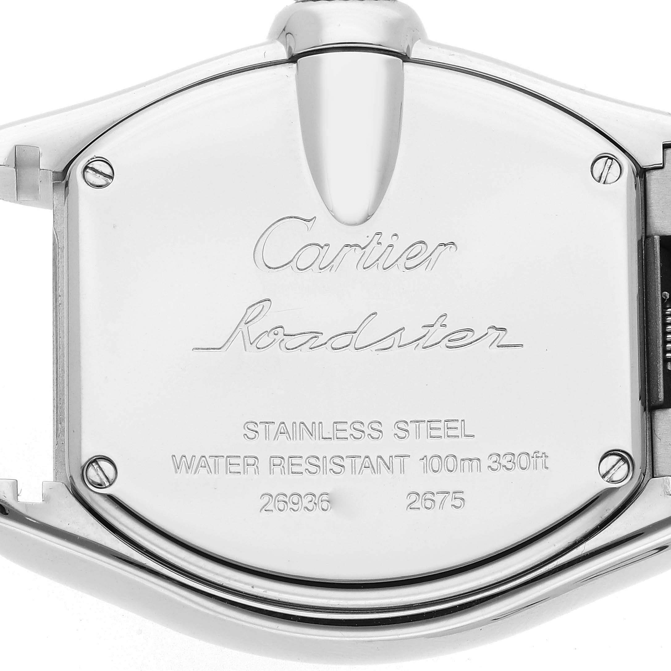 The image shows the back case of a Cartier Roadster W62016V3 Women
s Stainless Steel Silver Dial watch, highlighting the engraved model details and water resistance.