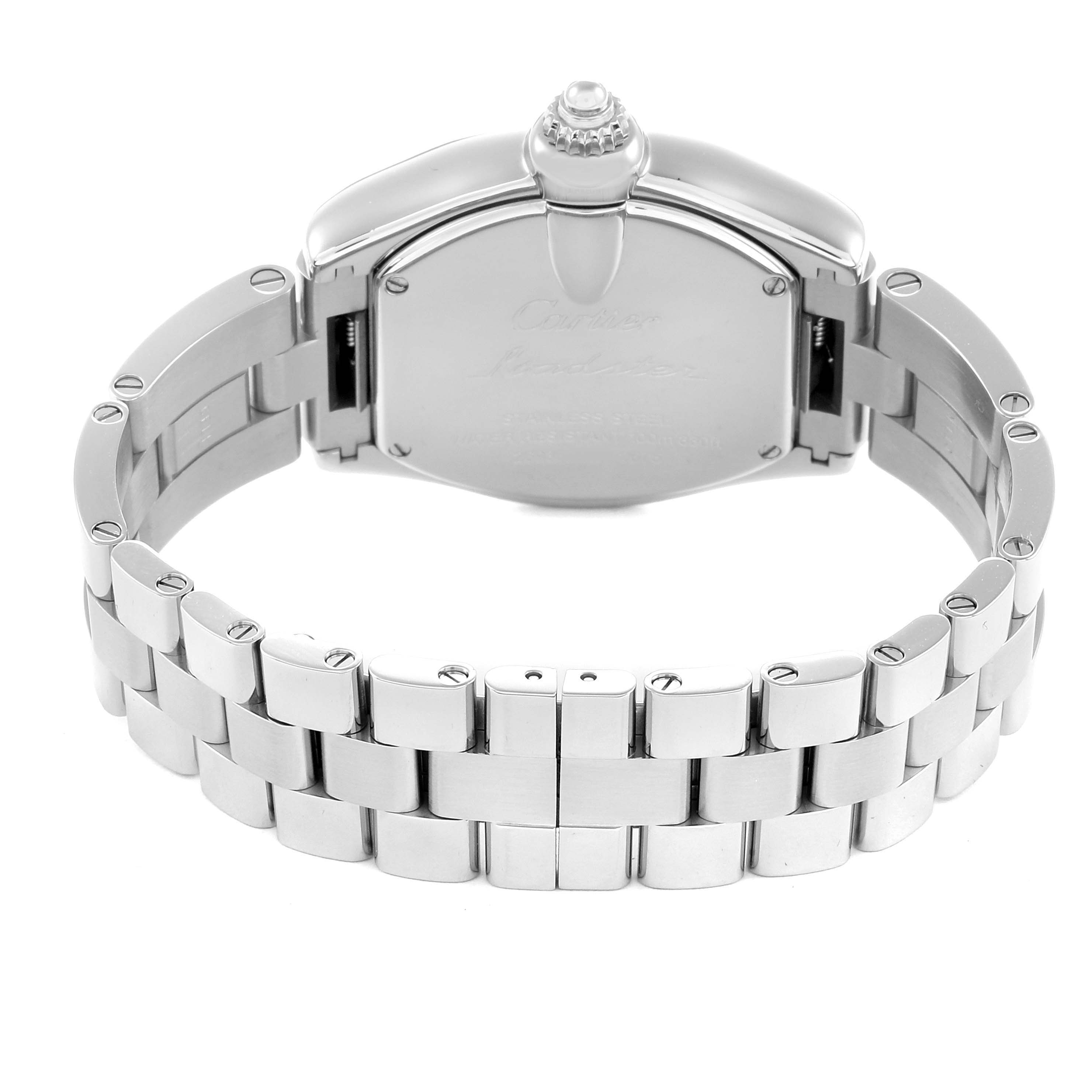 The Cartier Roadster W62016V3 Women
s Stainless Steel Silver Dial watch is shown from the back, highlighting the case back and metal bracelet.