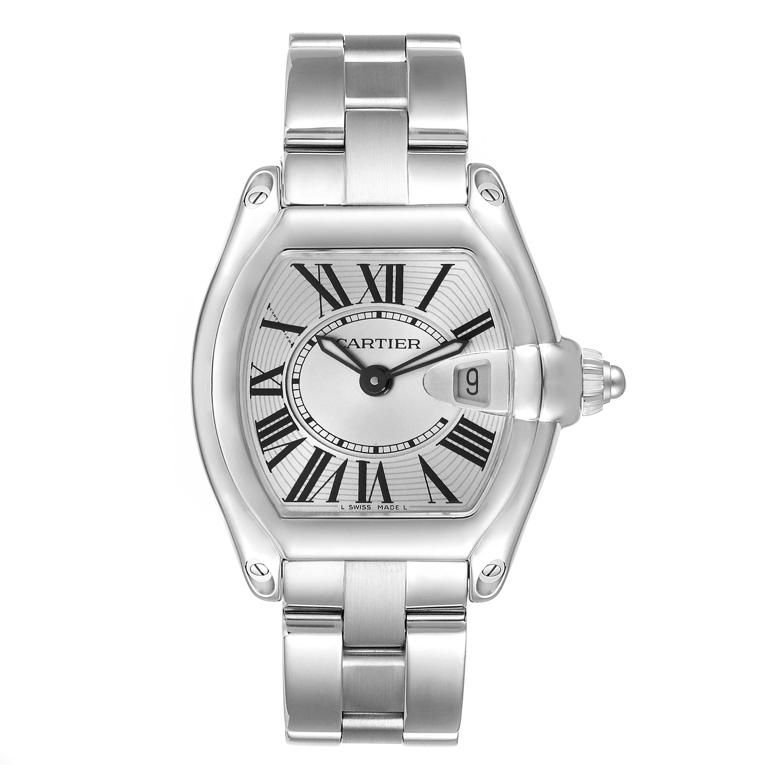 The Cartier Roadster W62016V3 Women
s Stainless Steel Silver Dial watch is shown from the front, featuring the dial, bracelet, and side crown.